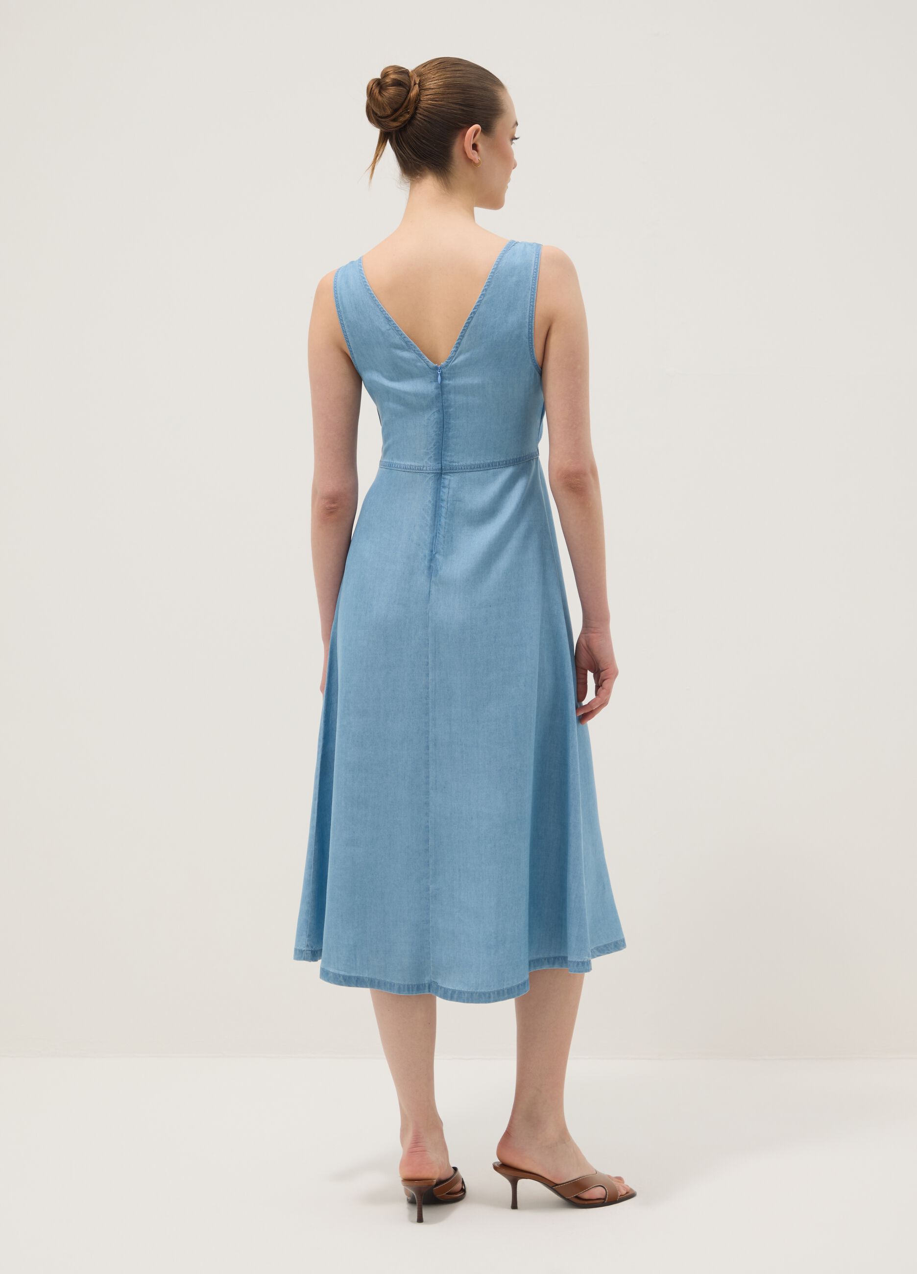 Light Blue Denim Midi Dress in 100% Lyocell, Sleeveless