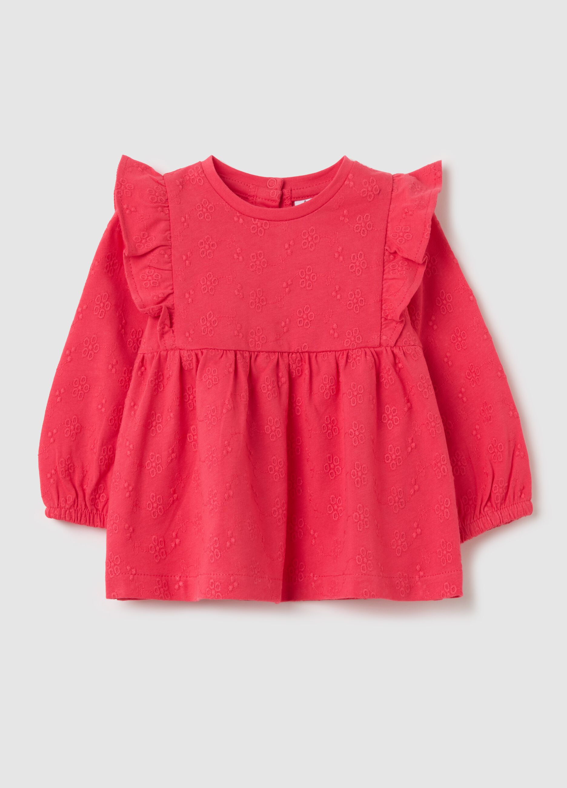 Floral T-shirt in broderie anglaise with flounce
