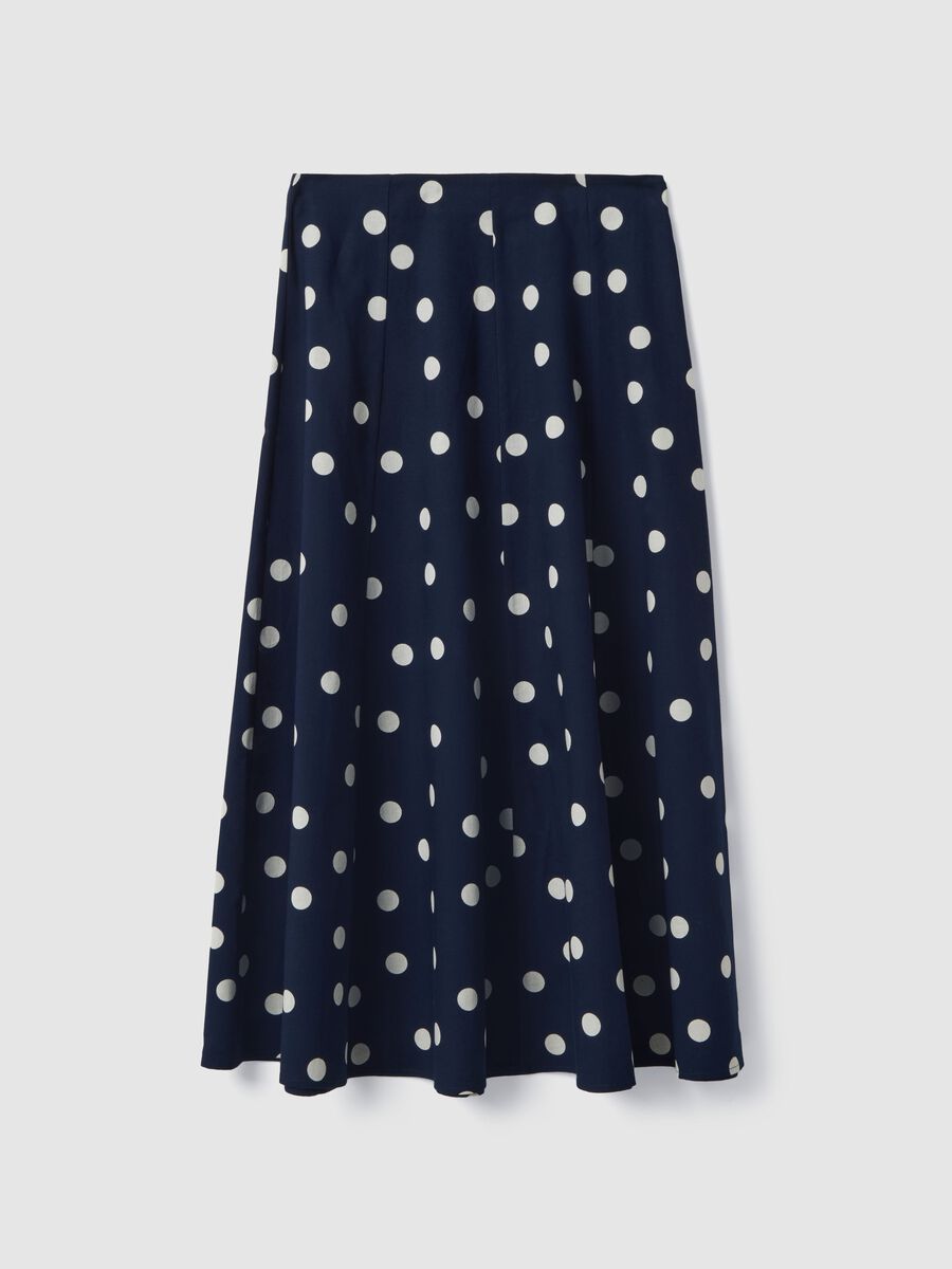 Long blue skirt with white polka dots in cotton and linen blend_4