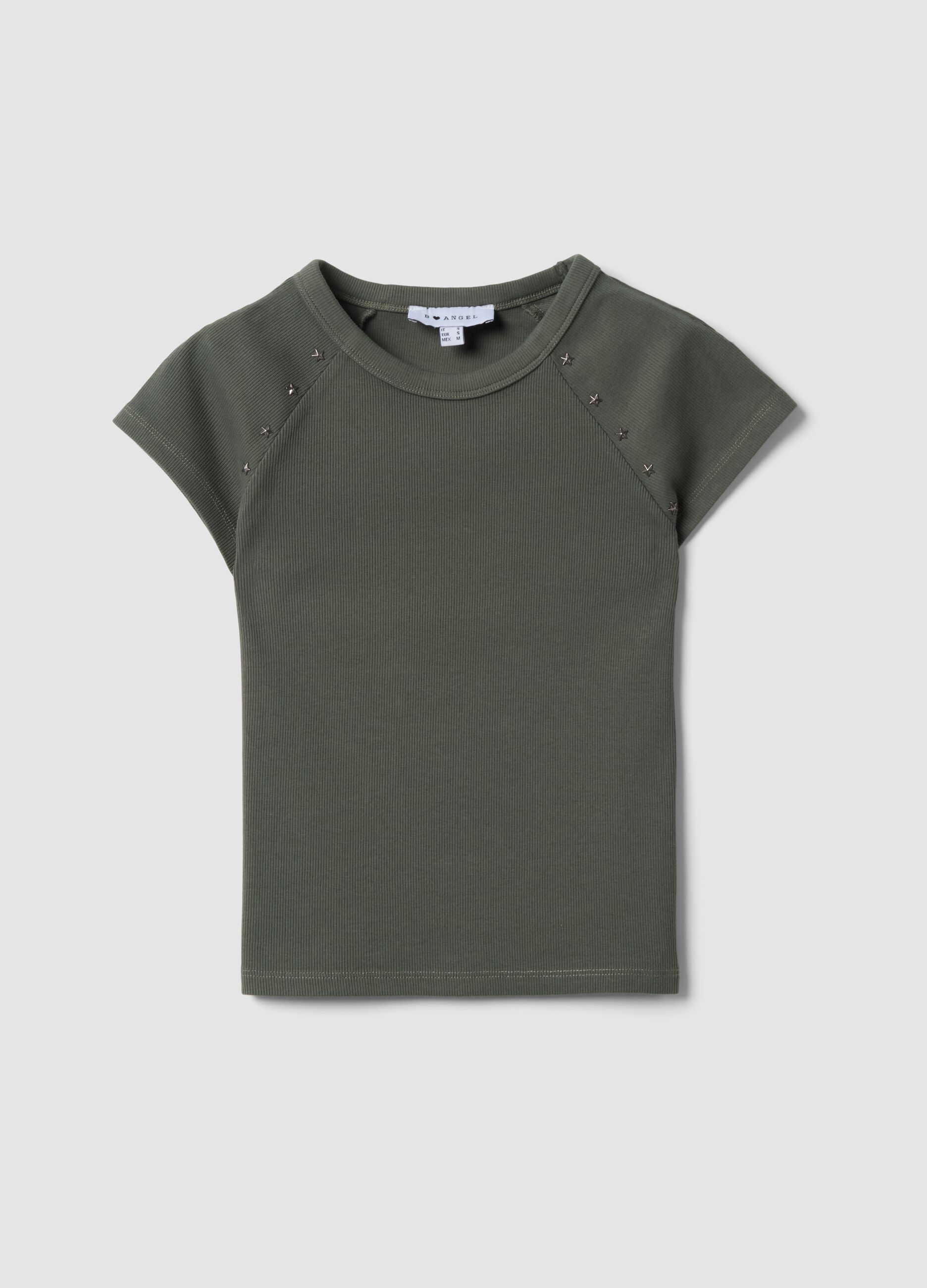 Green fitted ribbed stretch-cotton T-shirt with studs