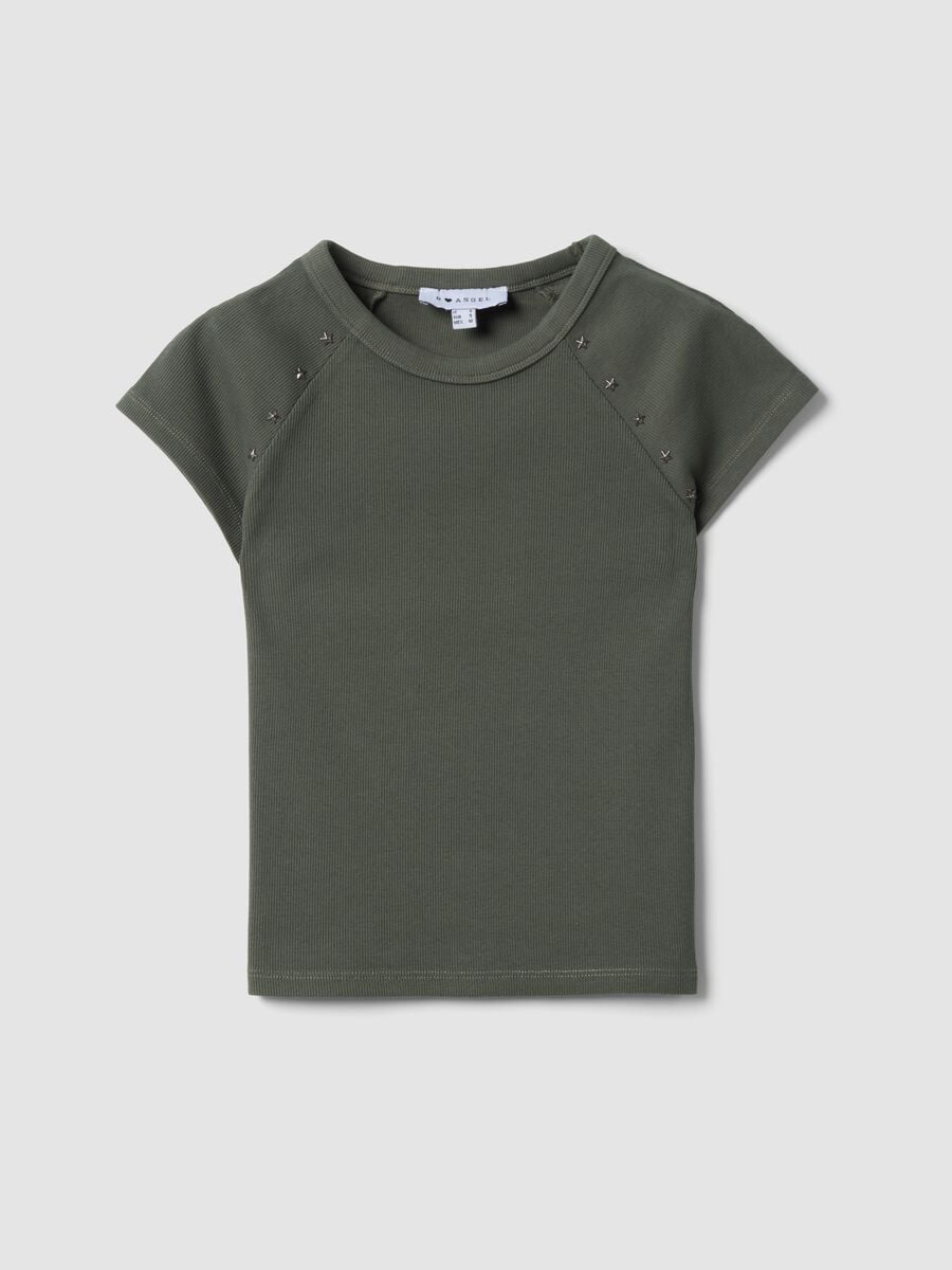 Green fitted ribbed stretch-cotton T-shirt with studs_4