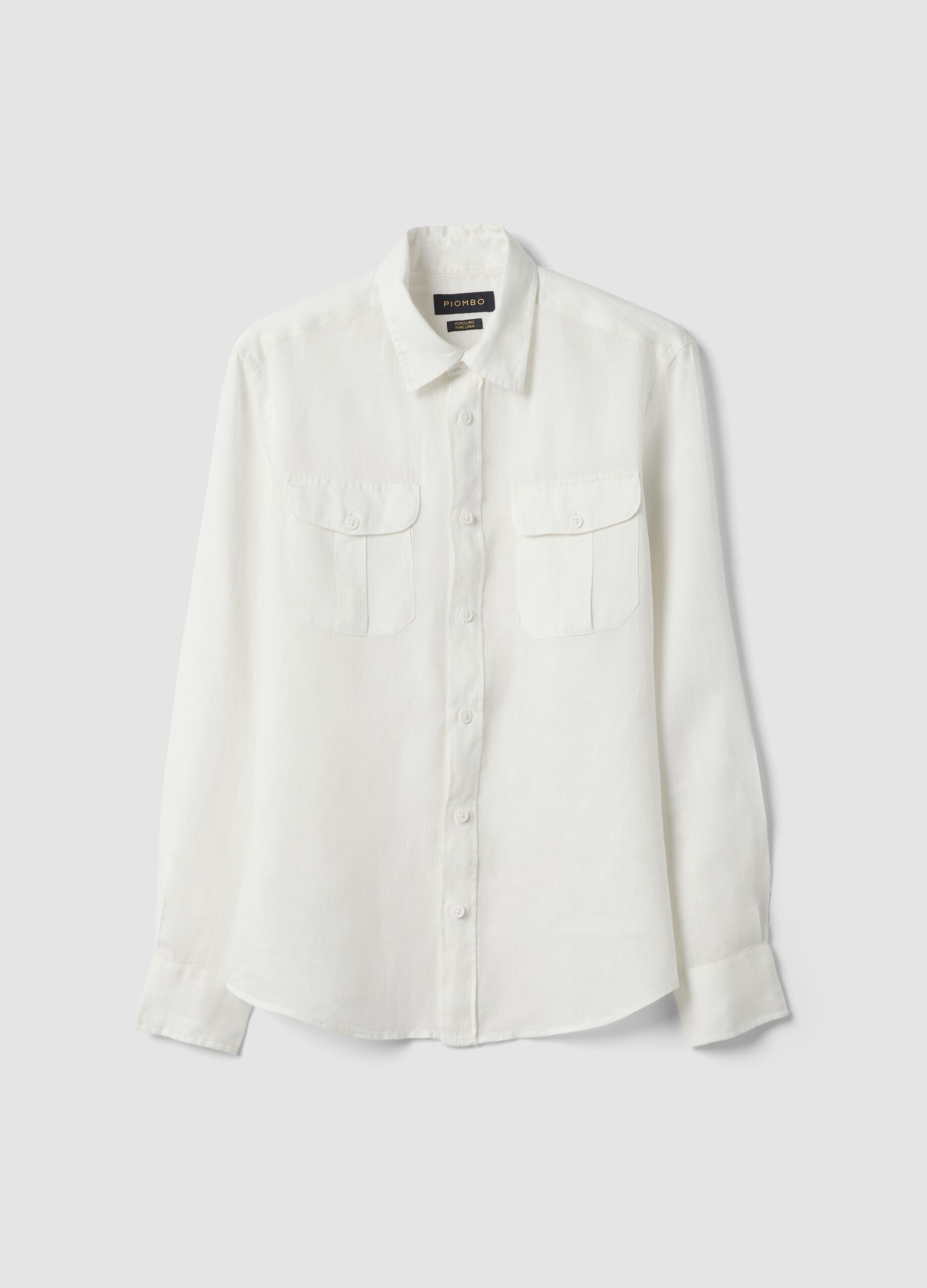 White pure linen regular-fit shirt with double chest pockets