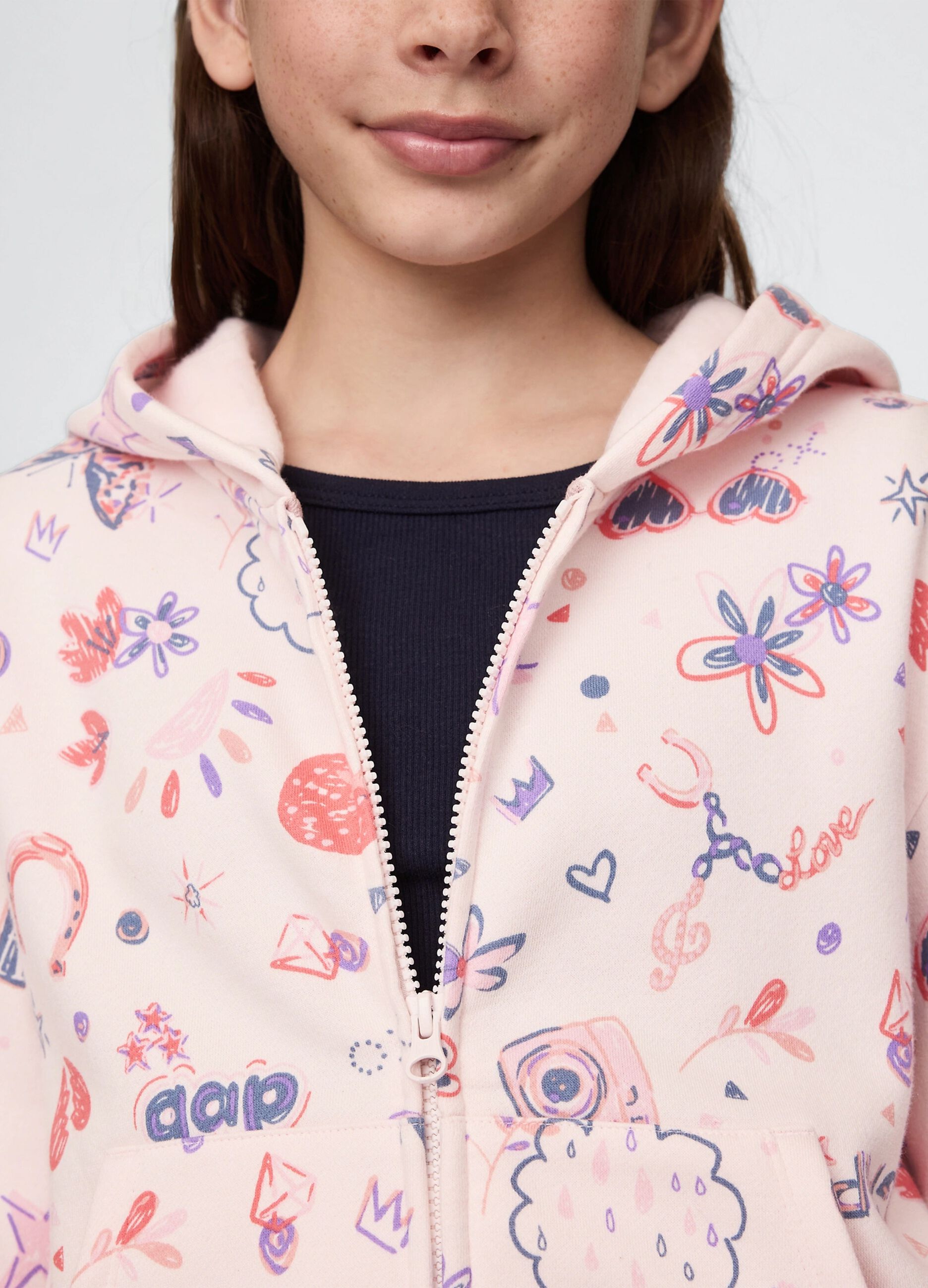 Pink full-zip sweatshirt with hood and all-over print