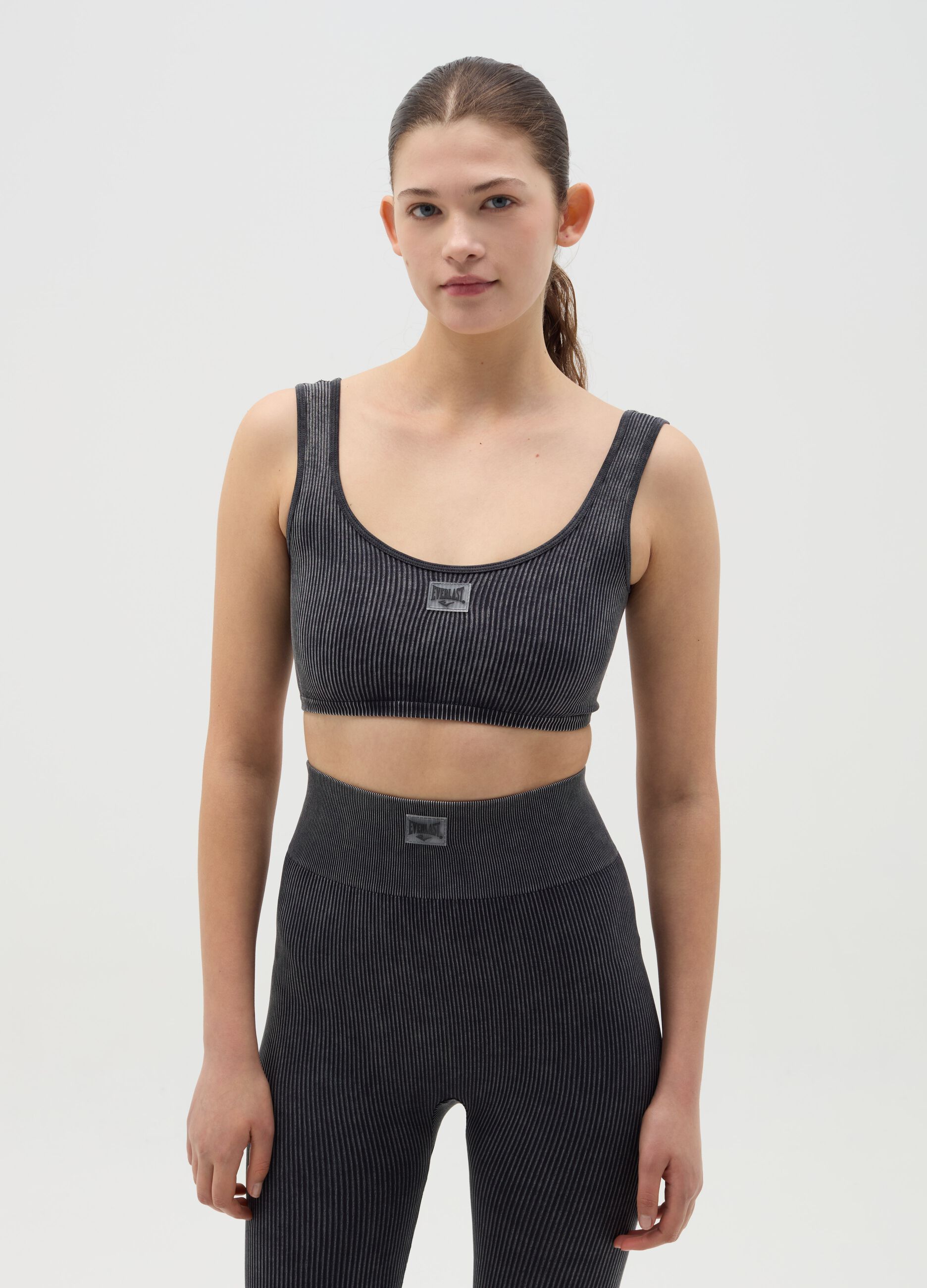 Grey ribbed crop sports top