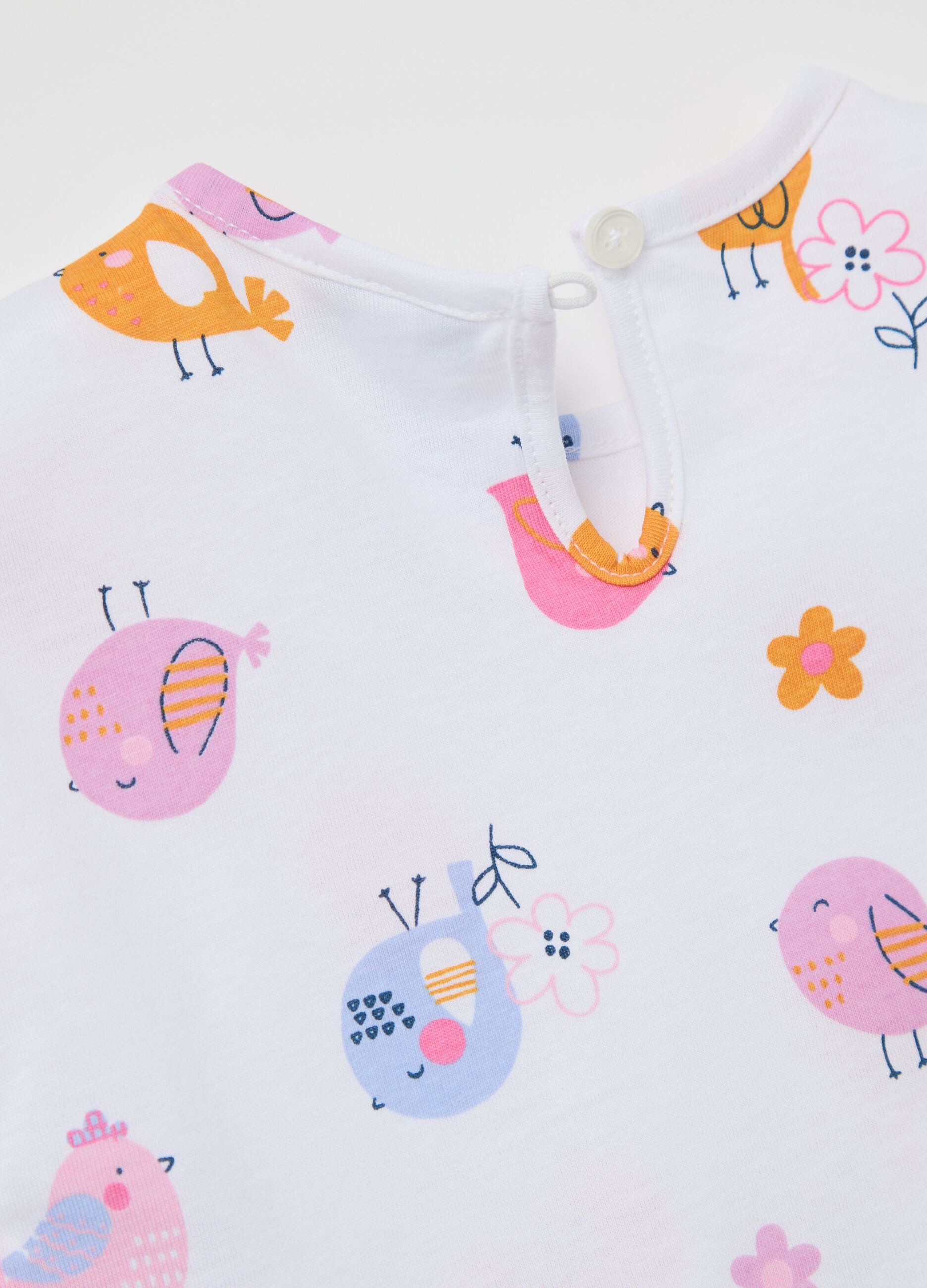 White cotton T-shirt with flowers and birds print