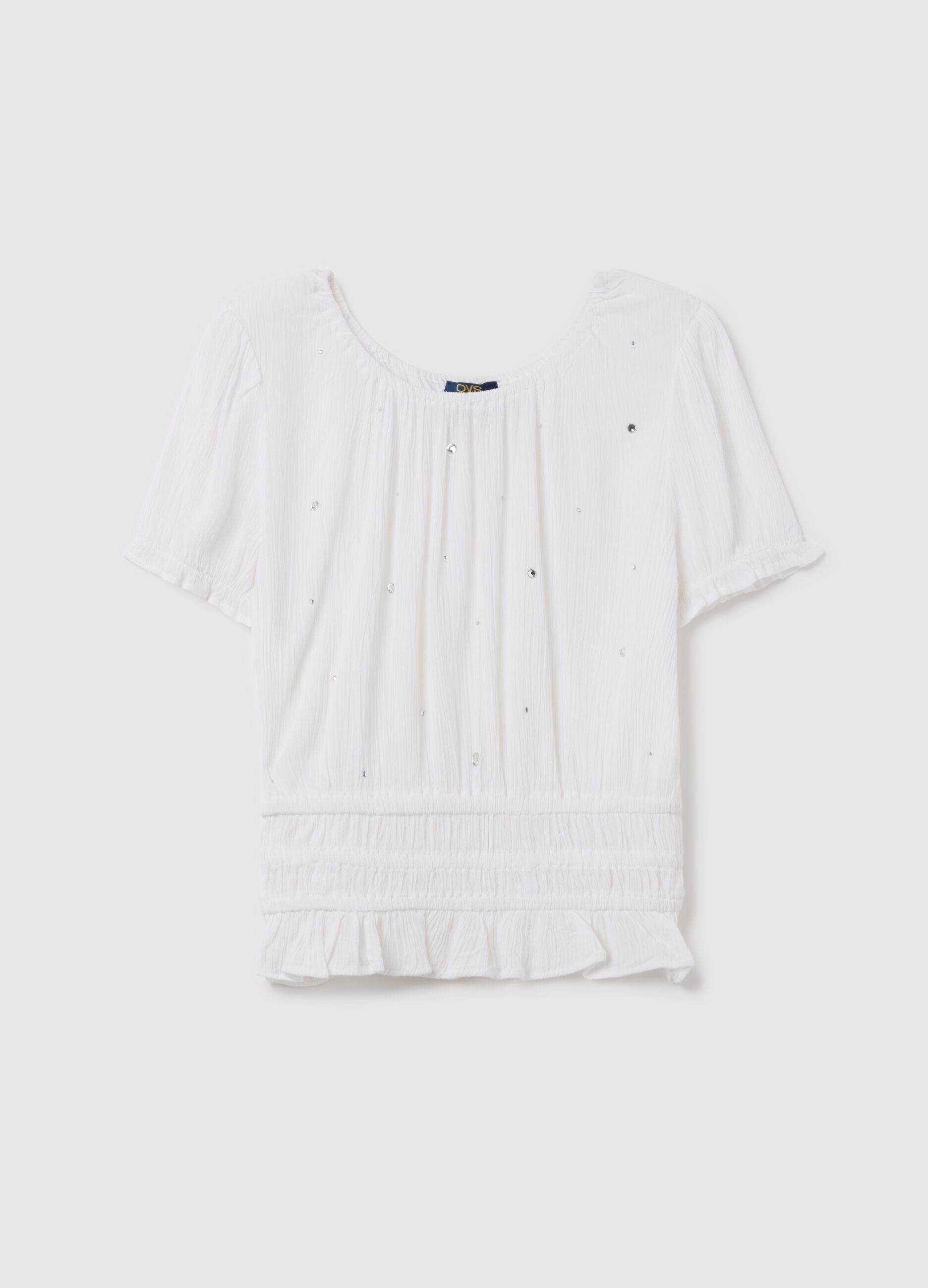 Crinkle T-shirt with frills and diamantés