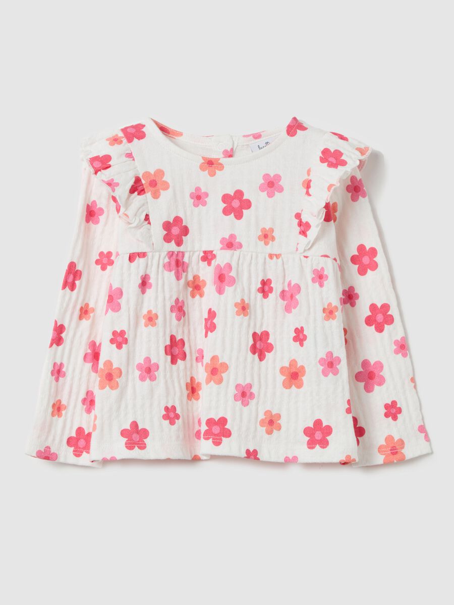 T-shirt maniche lunghe con volant stampa fiori_0