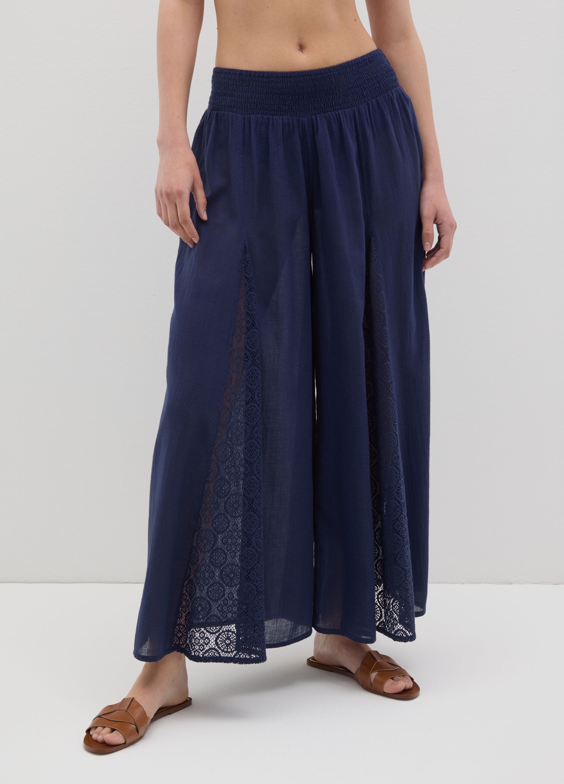 Pantaloni da donna in puro cotone blu larghi