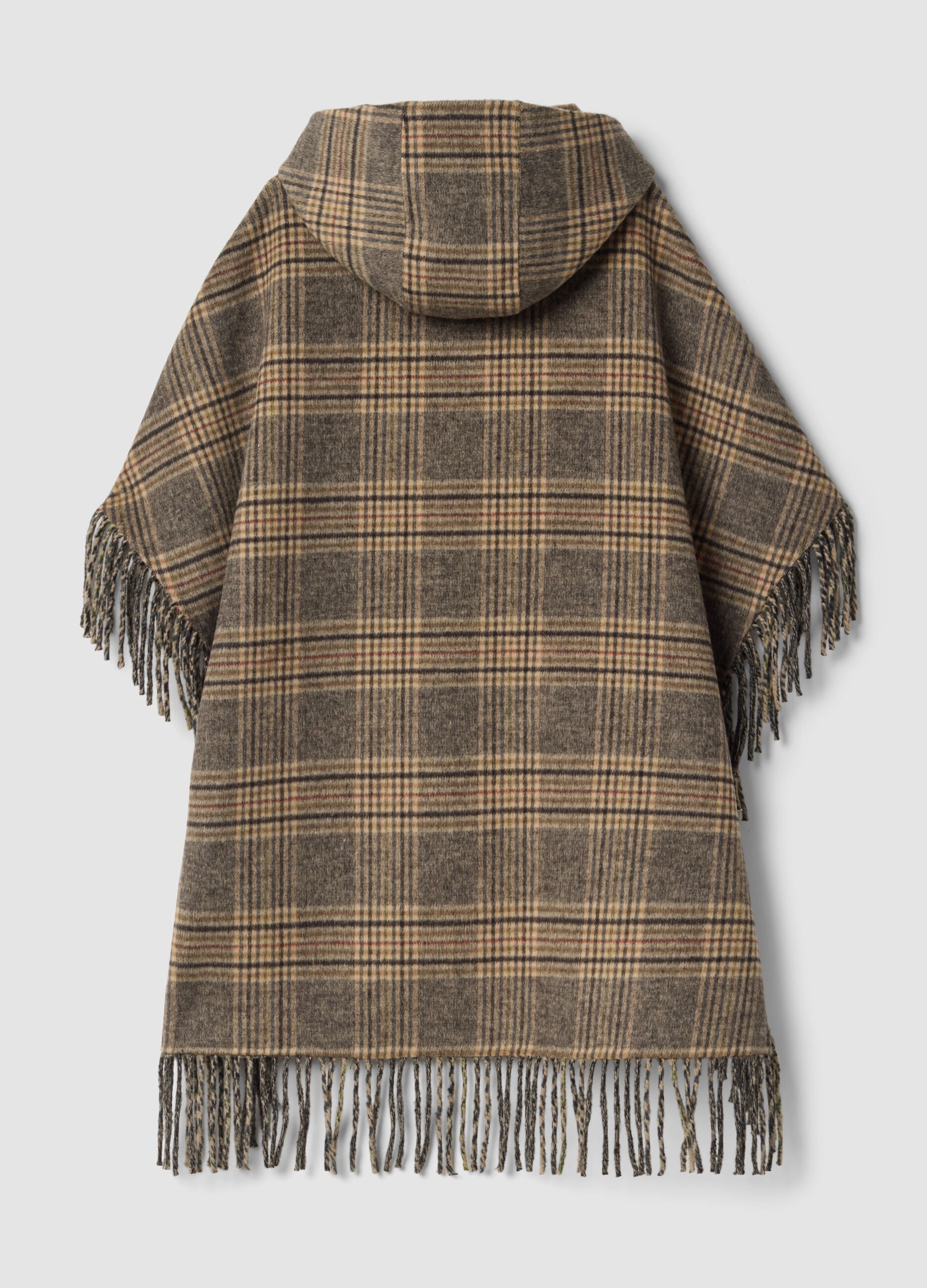 Brown checked wool and viscose blend cape with fringed trim