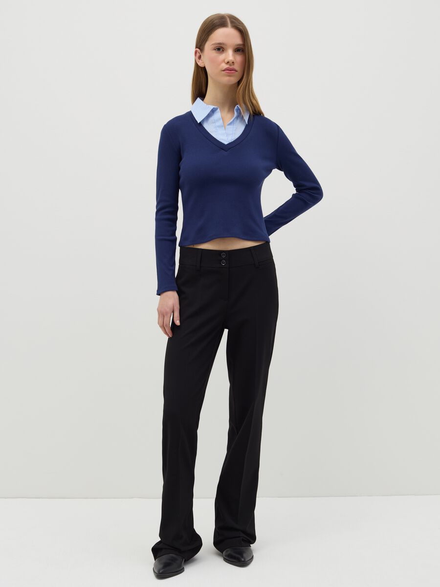 Blue ribbed T-shirt with contrasting collar_1