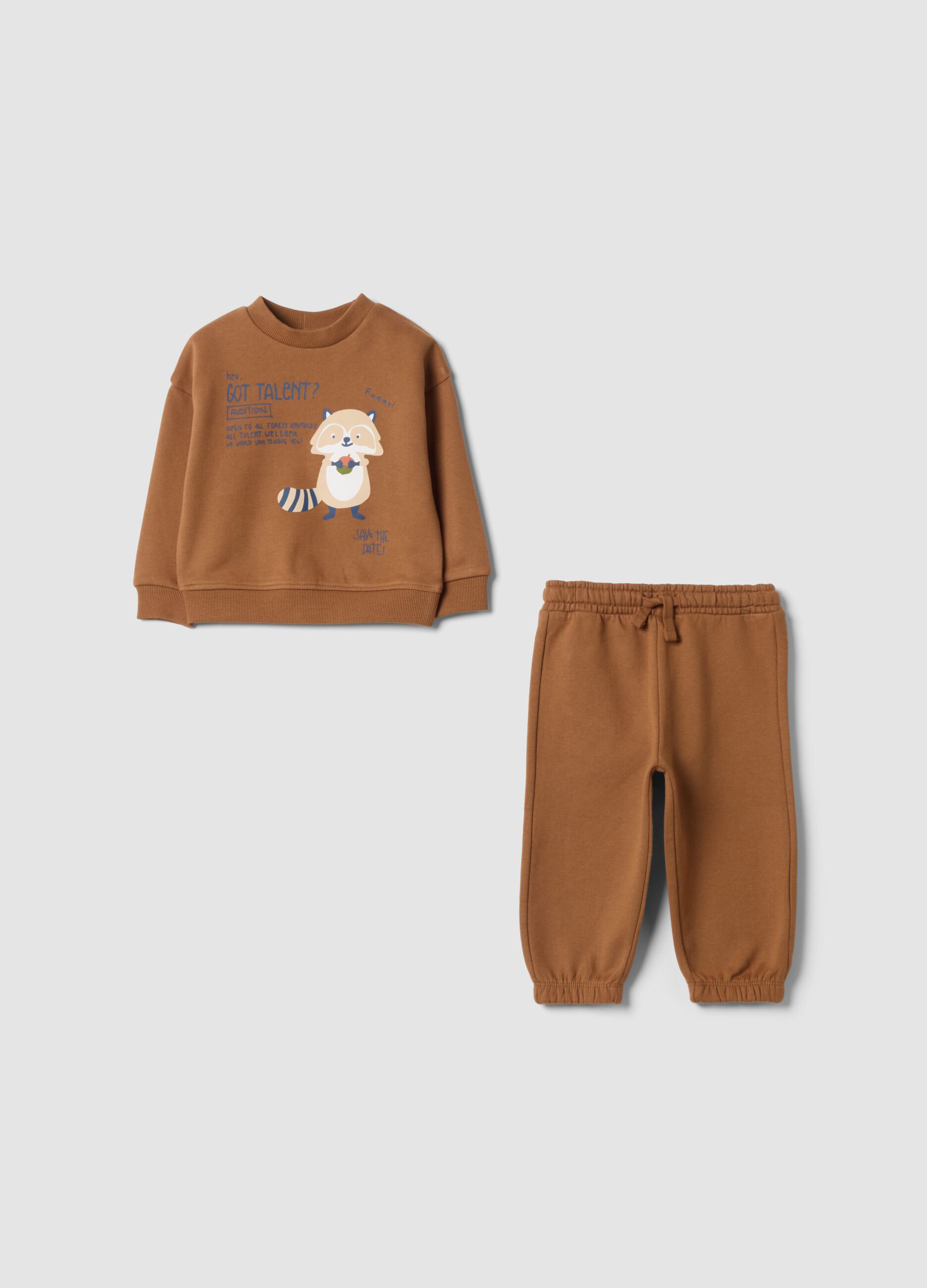 Completo jogging marrone in puro cotone over fit con animaletto