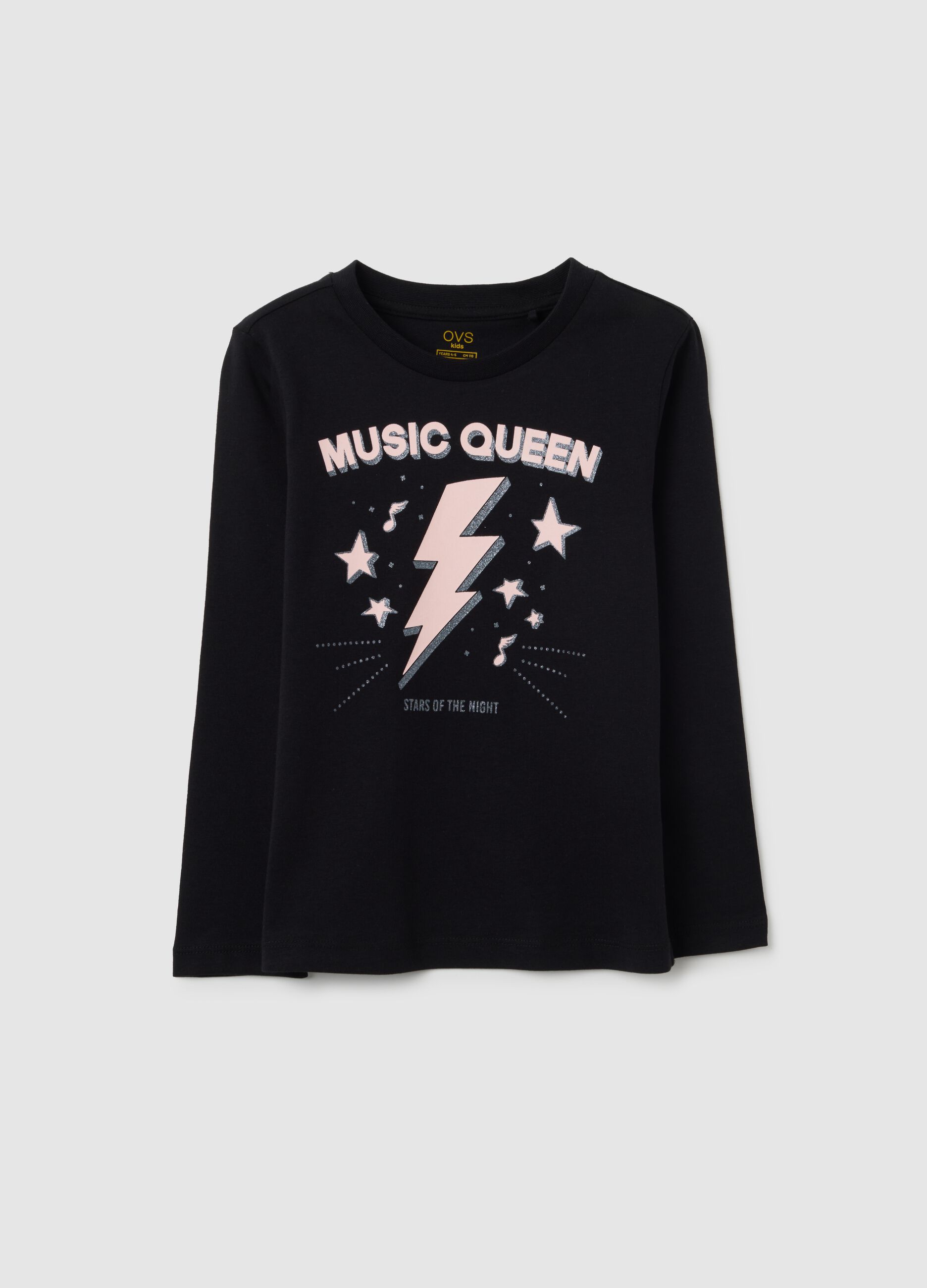 Girls' black regular fit pure cotton t-shirt with glitter star