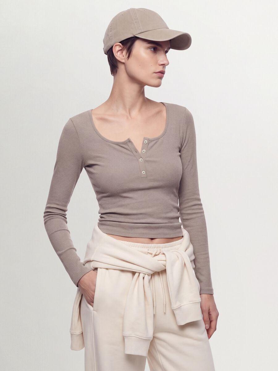 Beige stretch viscose crew-neck T-shirt_0