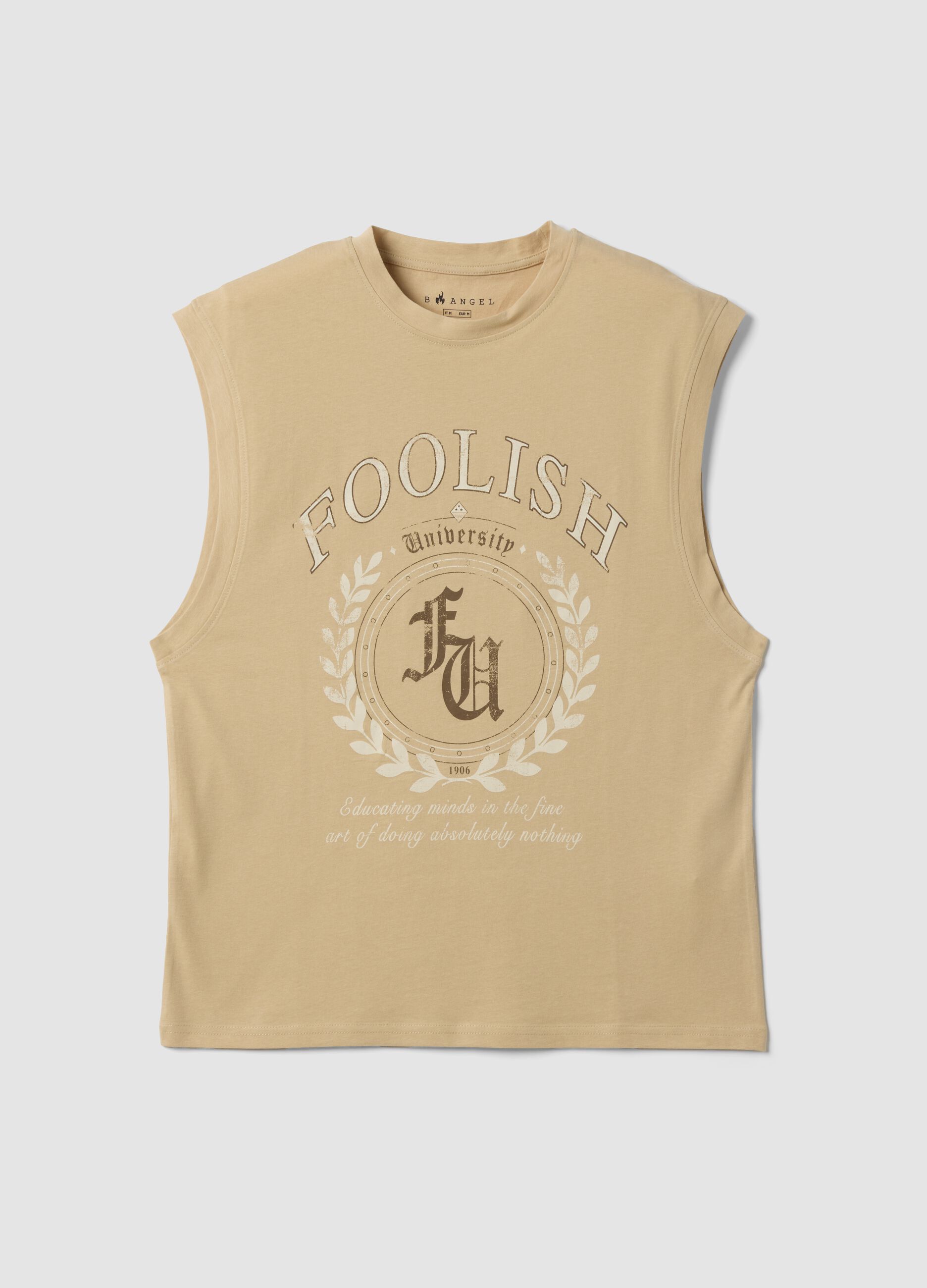 Tank top beige in puro cotone con stampa frontale