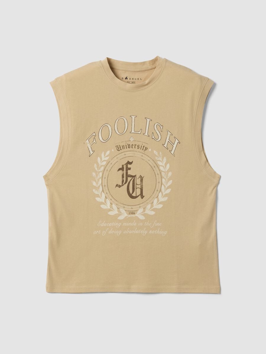 Beige pure cotton tank top with front print_4