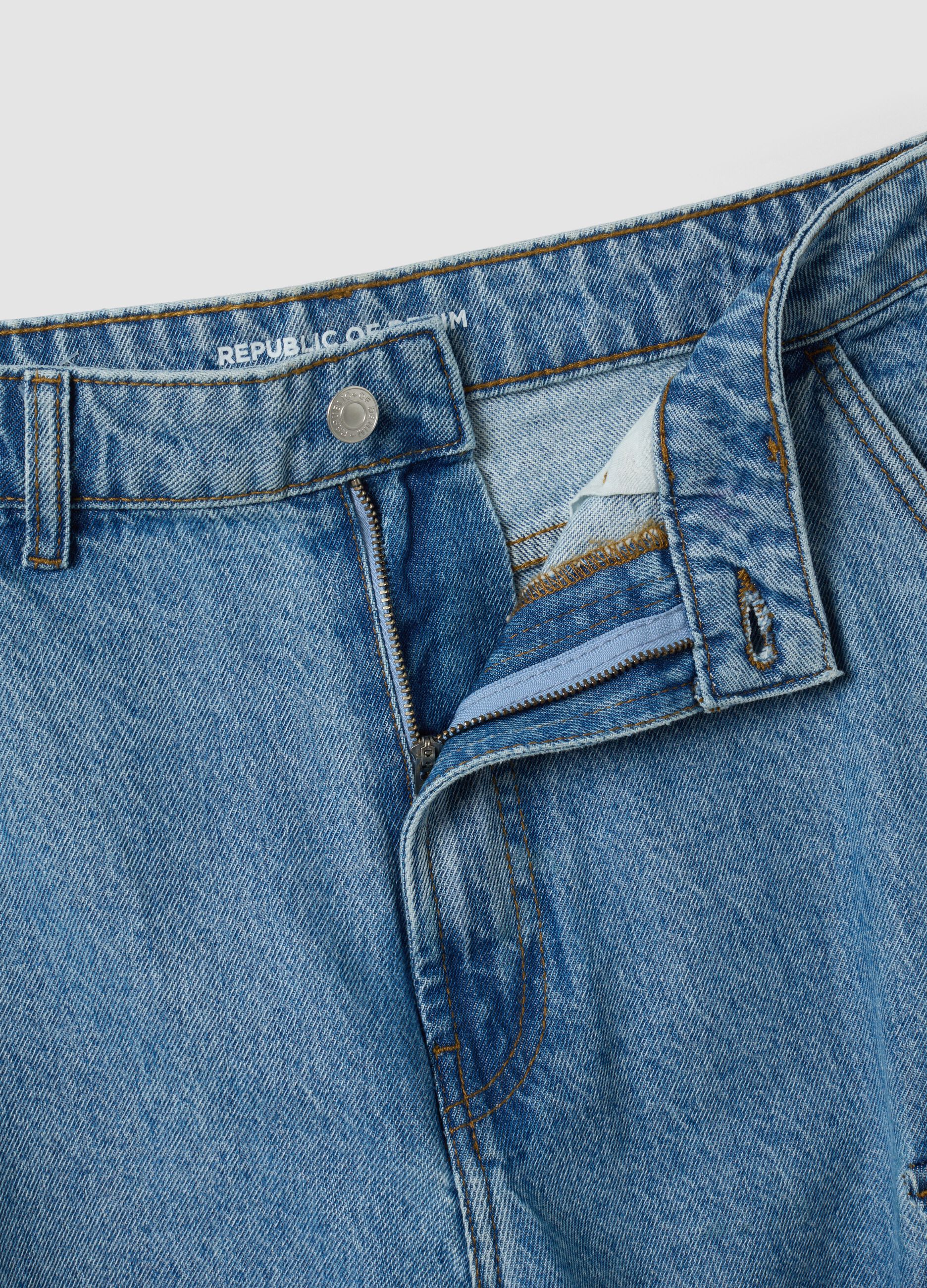 Blue pure cotton wide-leg cargo jeans