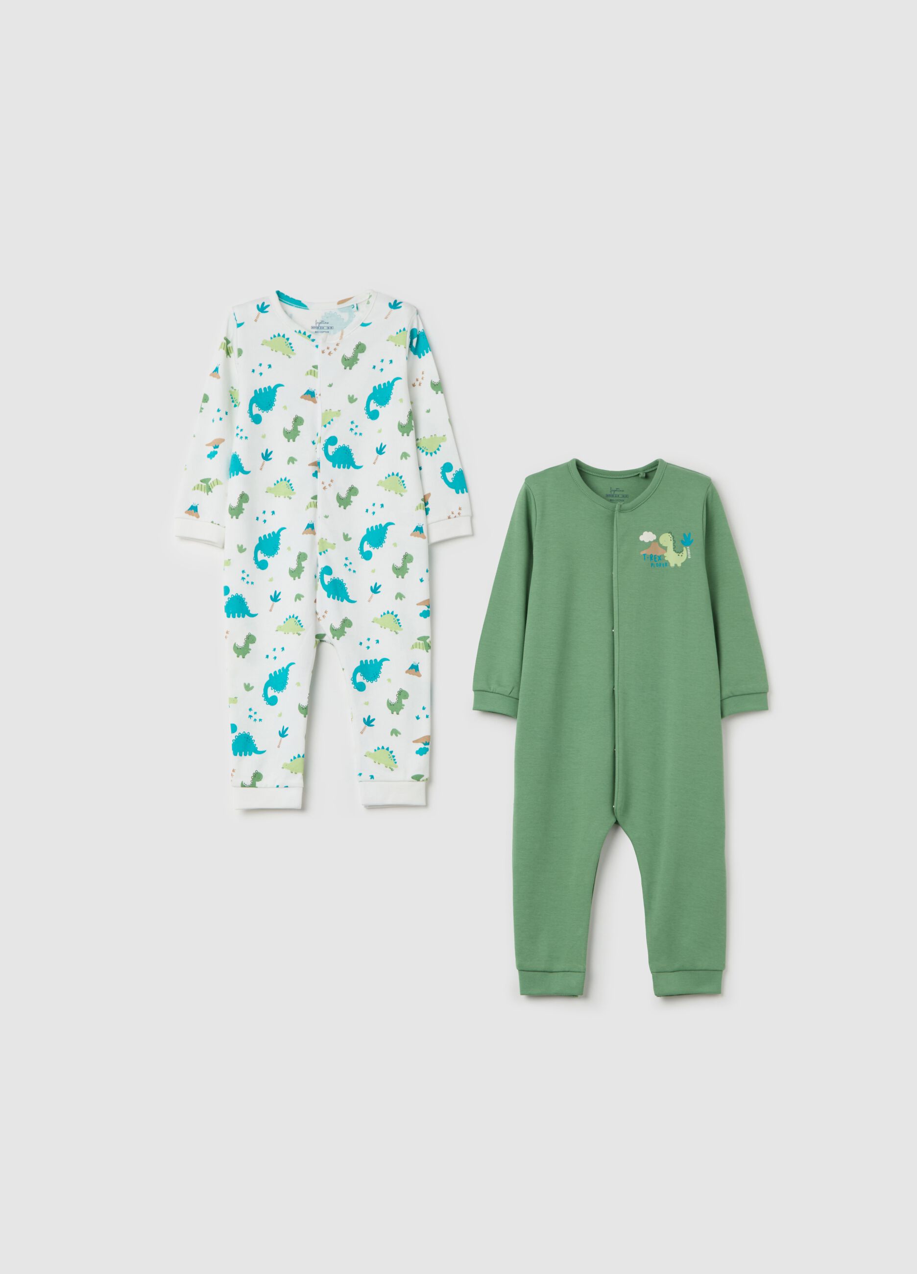 Two-pack onesies in organic cotton with dinosaurs print
