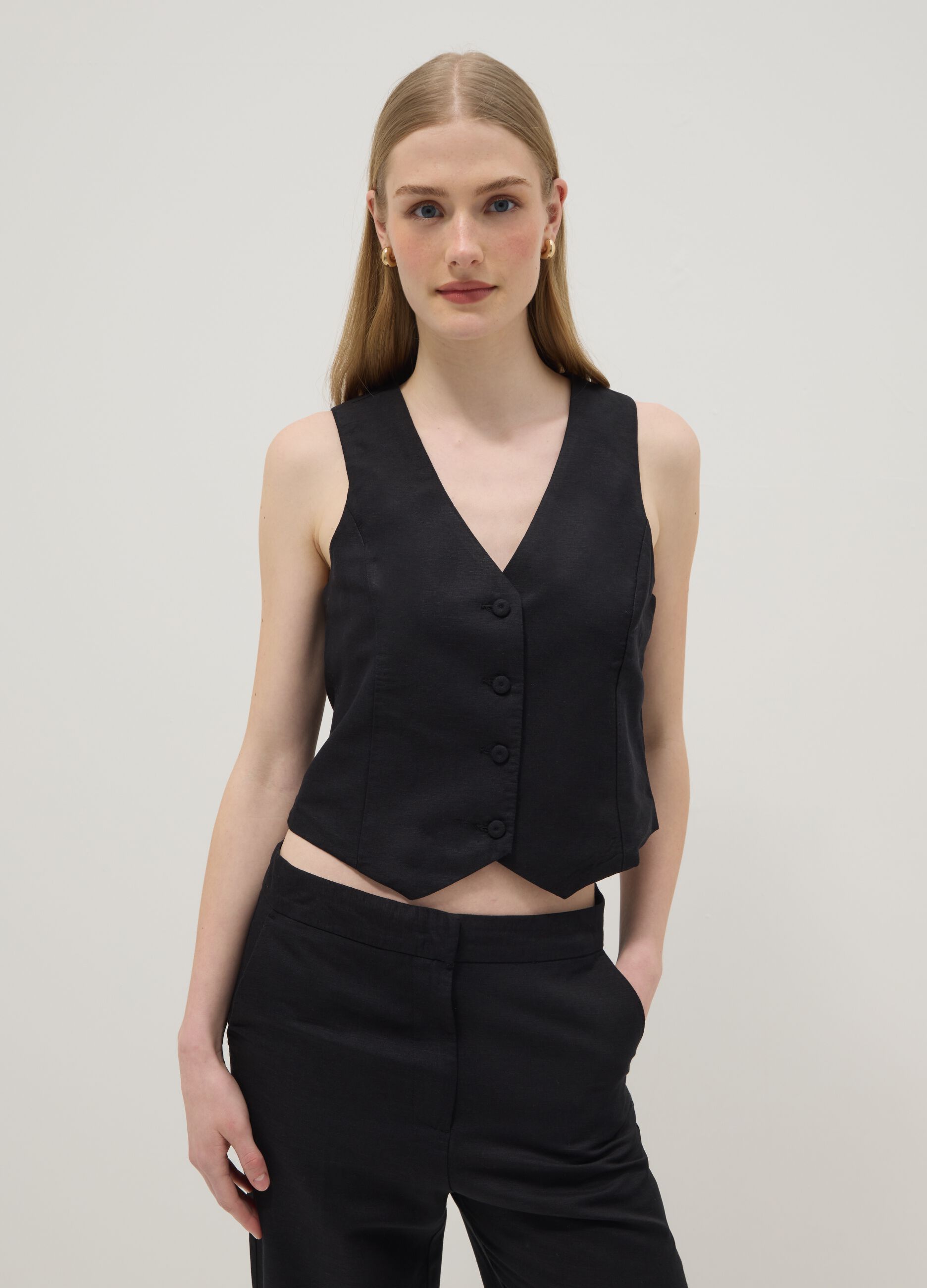 Black linen-blend slim-fit waistcoat with buttons