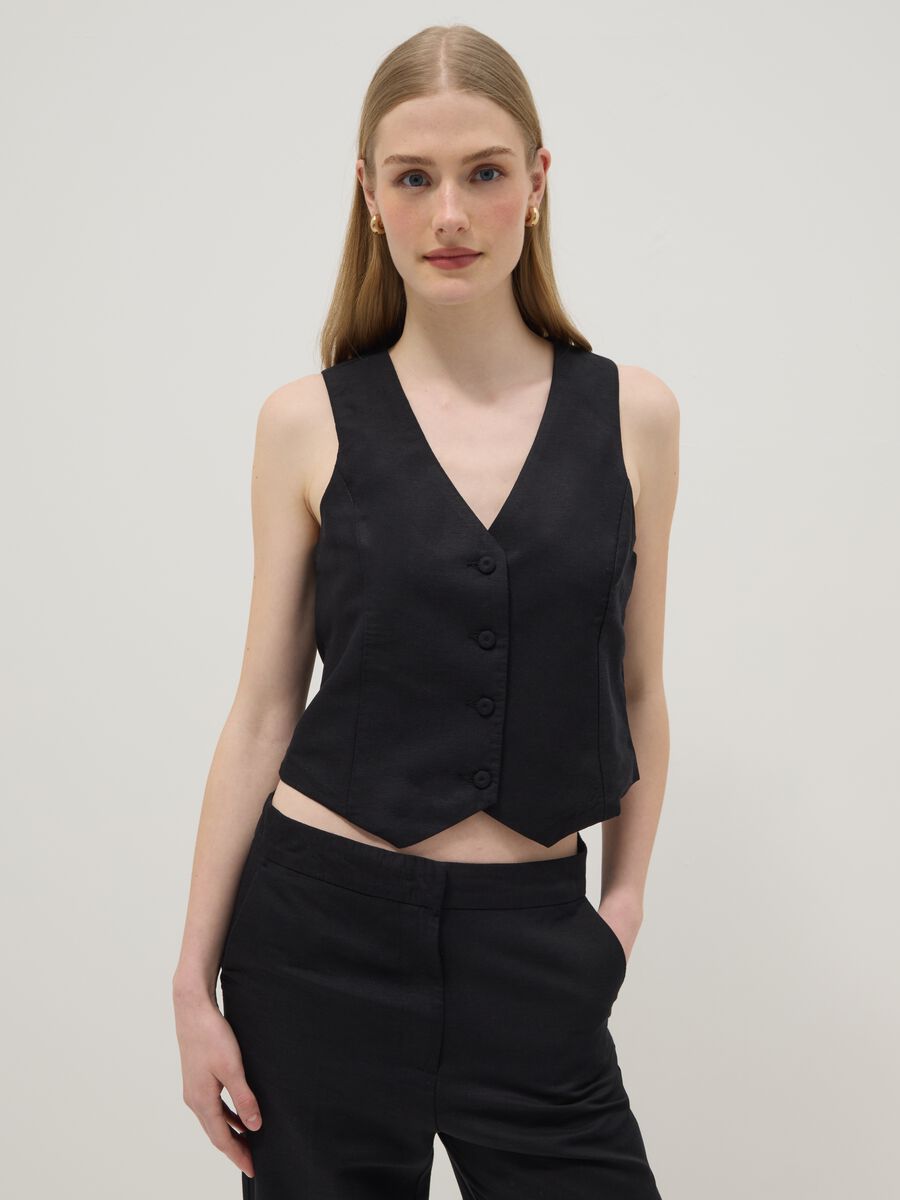 Black linen-blend slim-fit waistcoat with buttons_0