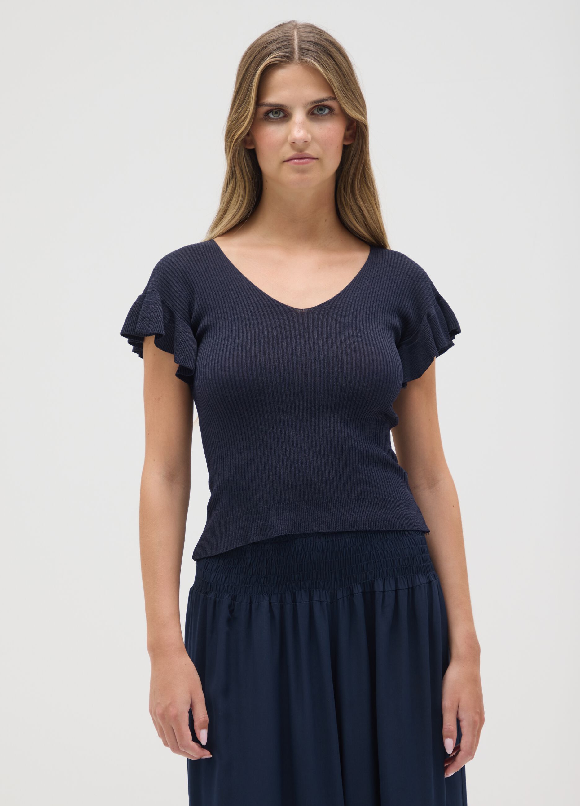 Women's blue viscose T-shirt, regular fit with frills