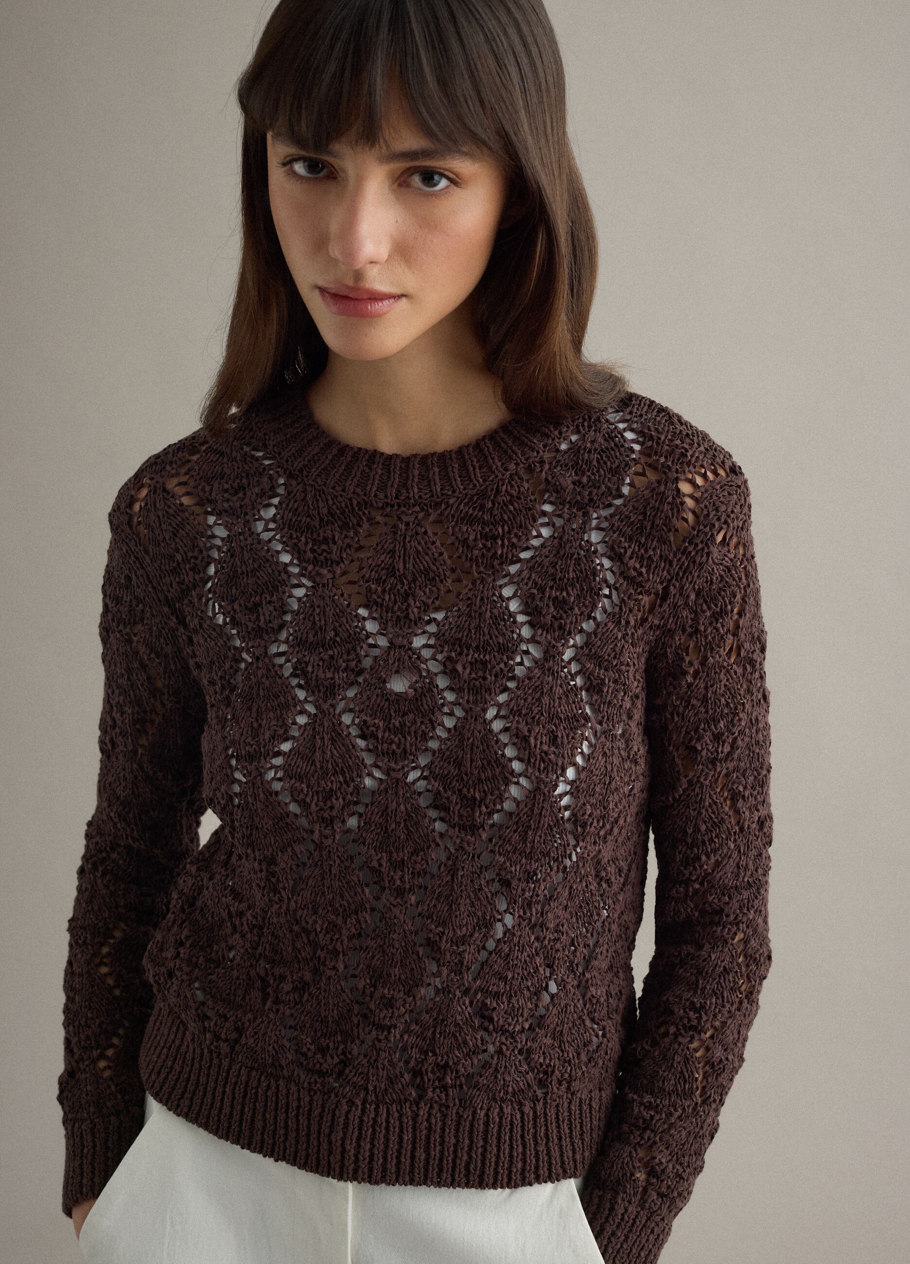 Brown regular fit cotton-blend jumper with a knitted pattern