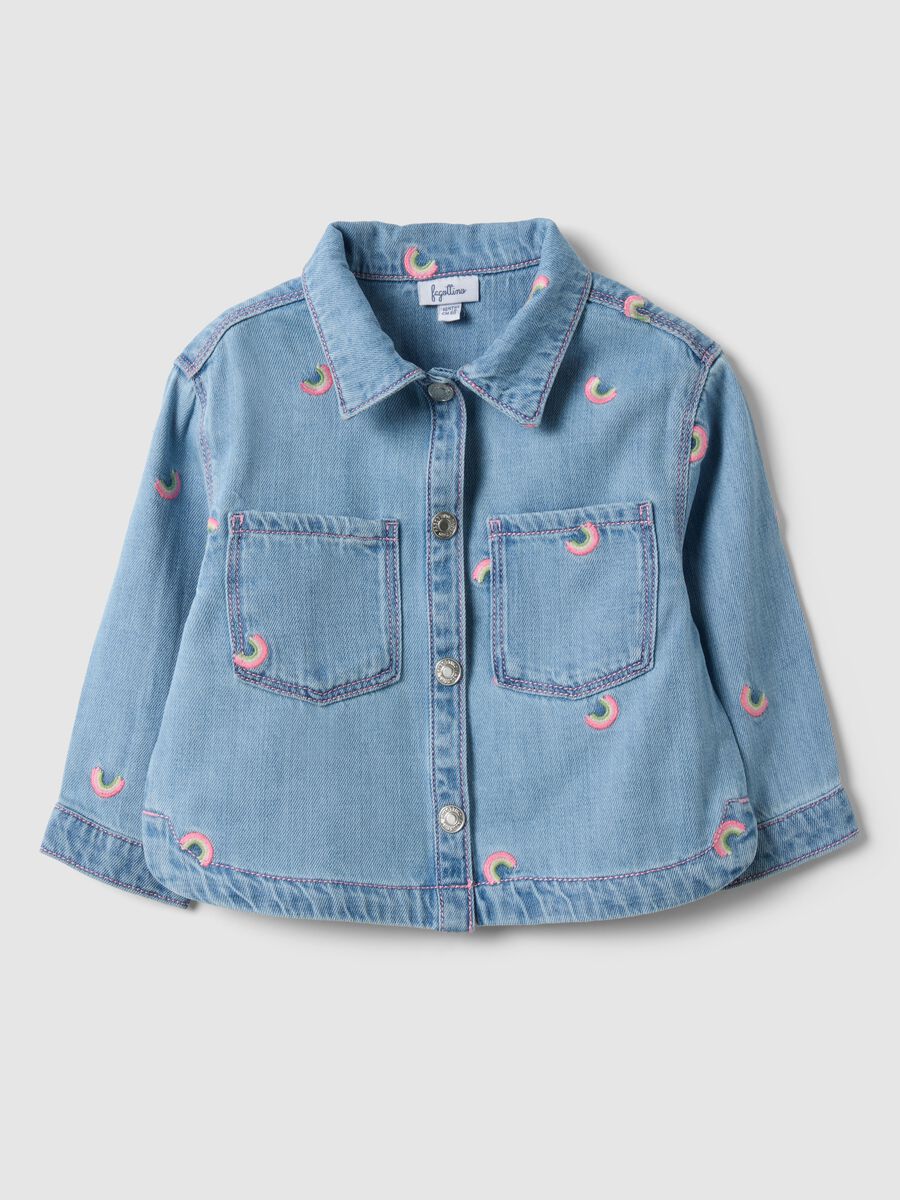 Girls' light blue denim blend shirt with rainbow embroidery_0