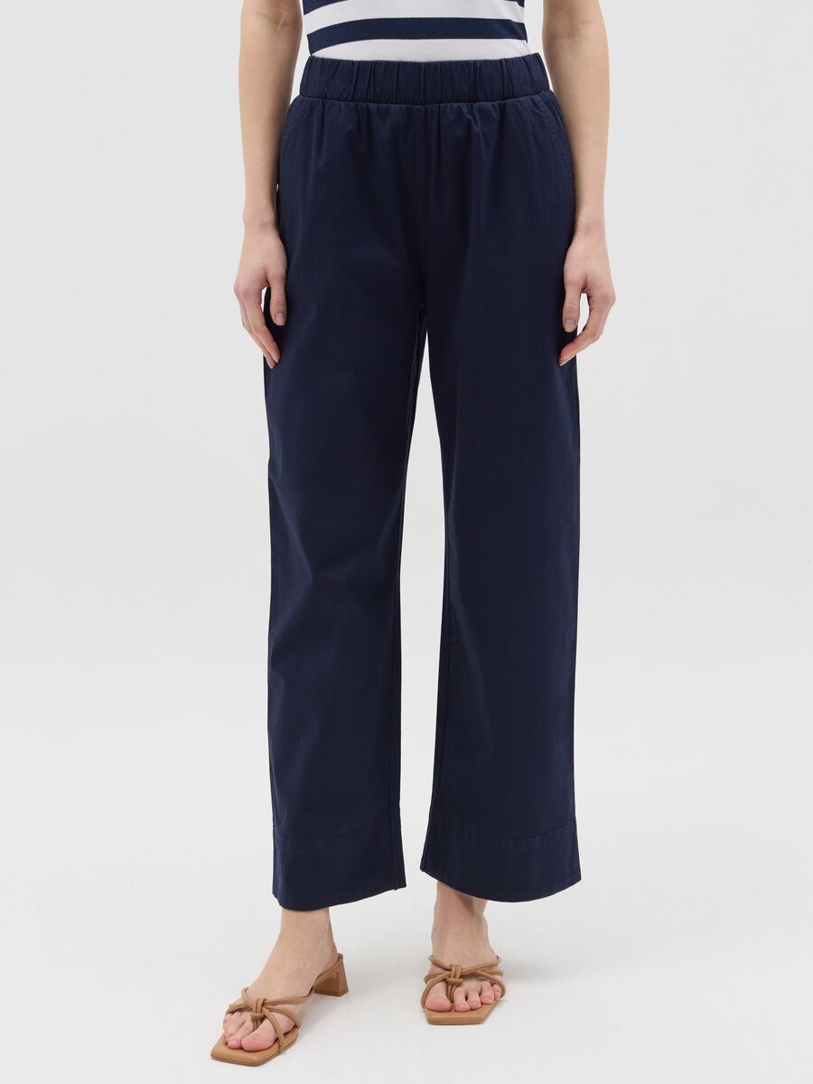 Navy blue wide-leg trousers in stretch cotton_1