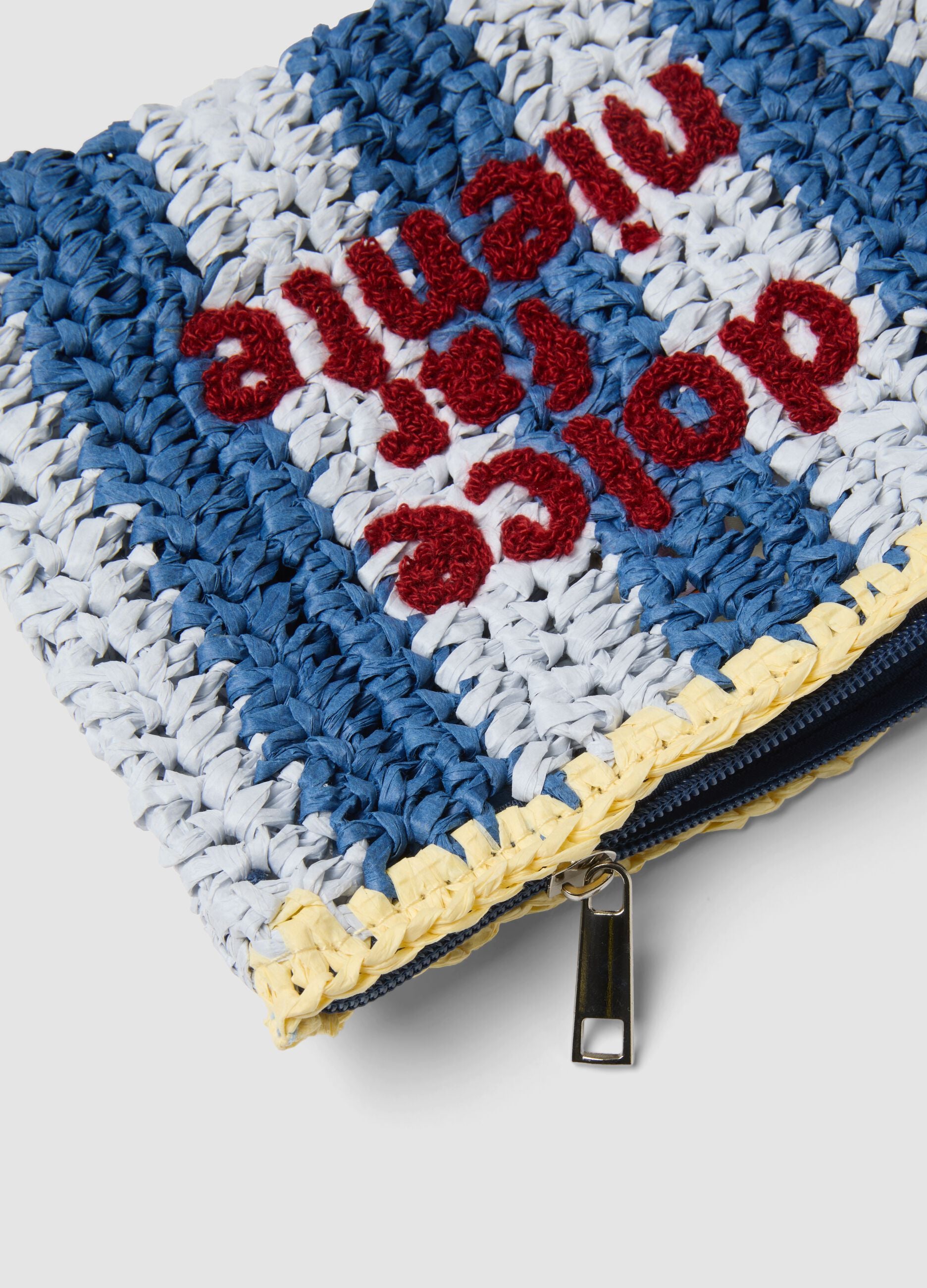 Multicolour clutch in pure woven paper fabric with slogan