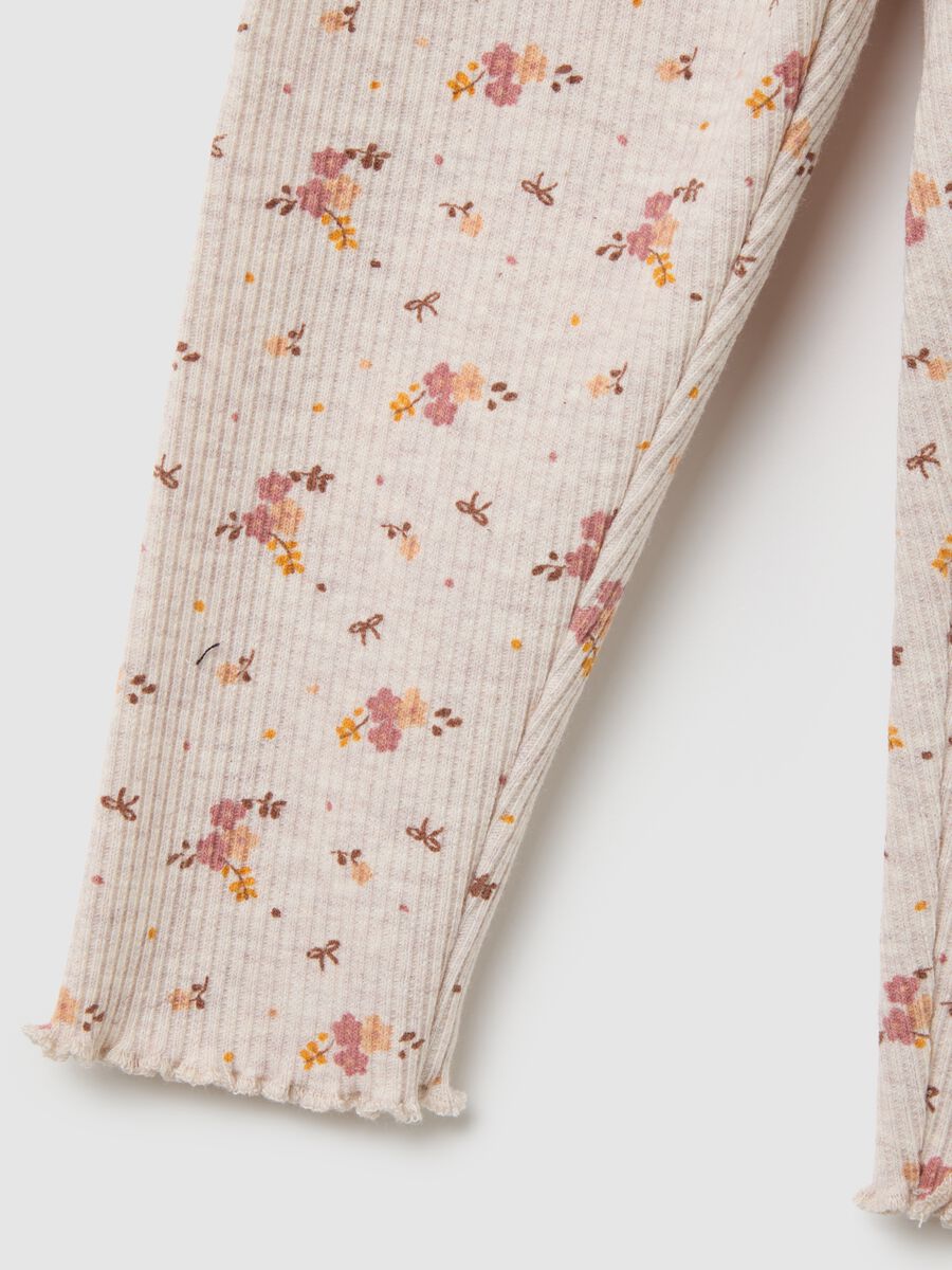 Beige Cotton Blend Floral Girl's Leggings_3