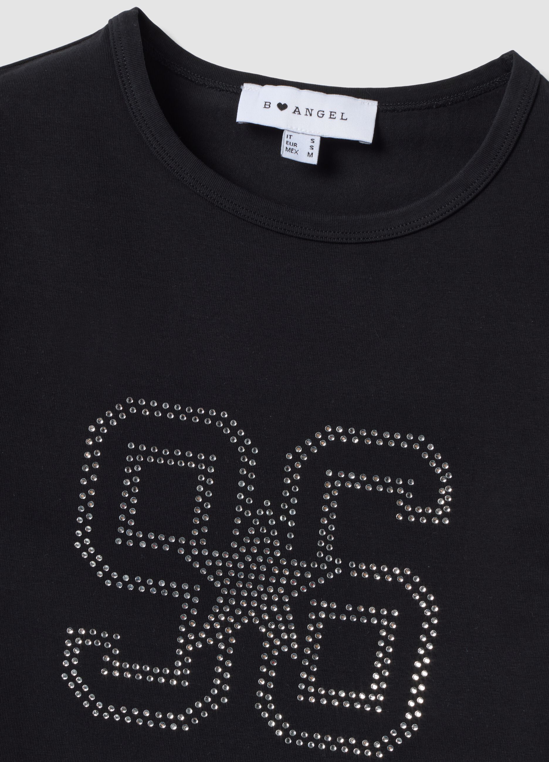 Black fitted stretch-cotton T-shirt with rhinestone embellishment