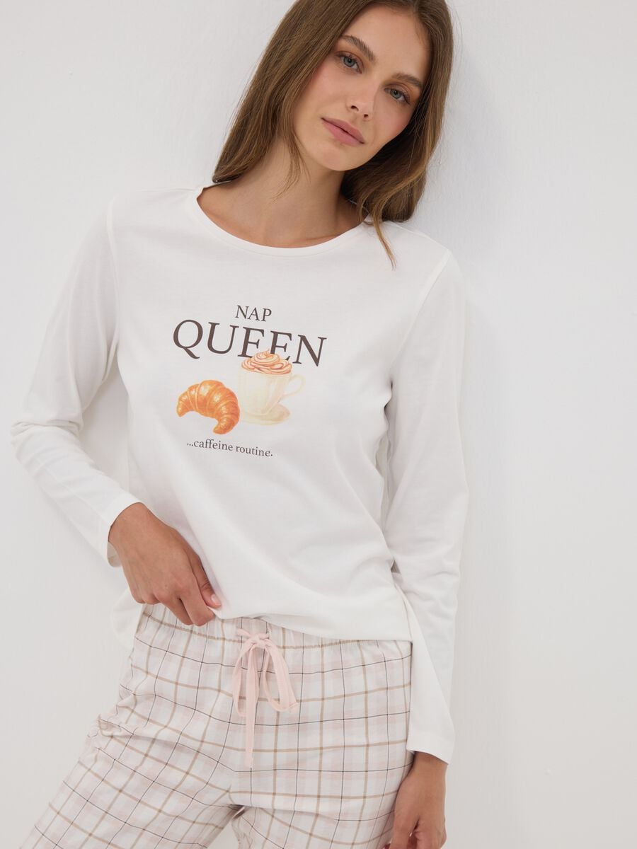 Pigiama bianco in puro cotone organico con stampa "Nap Queen"_0