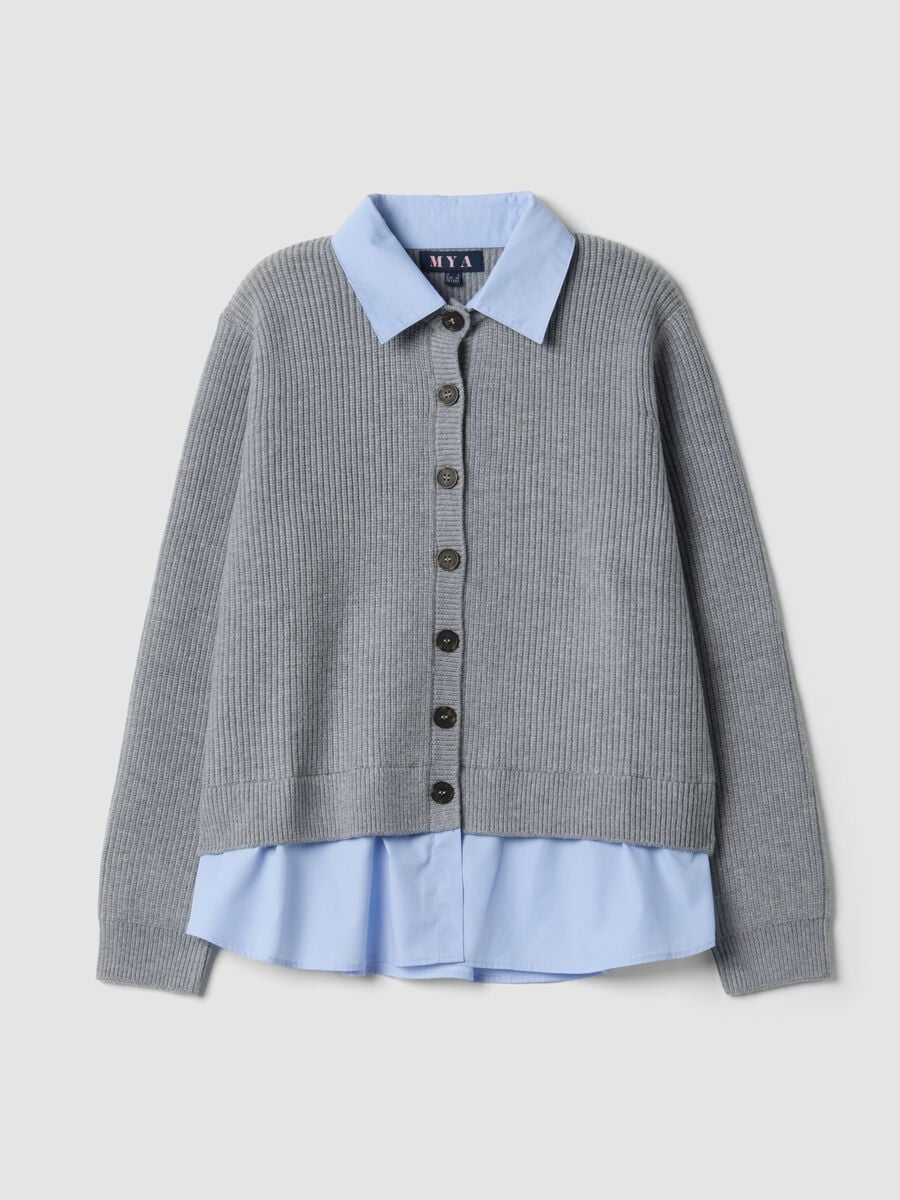 Cardigan grigio con colletto regular fit a coste effetto doppio strato_0