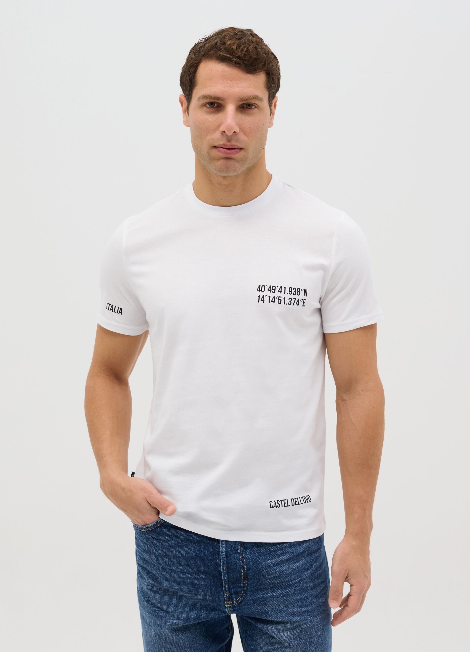Cotton T-shirt with Castel Dell'Ovo coordinates print