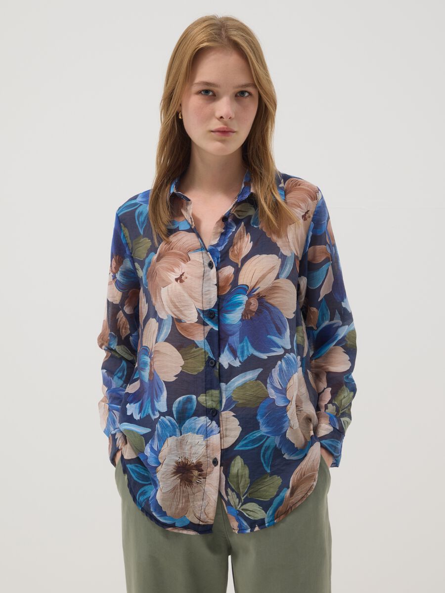 Blue lyocell-blend shirt with floral print_0