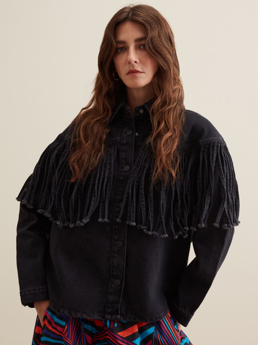 Giacca corta in denim con frange_0