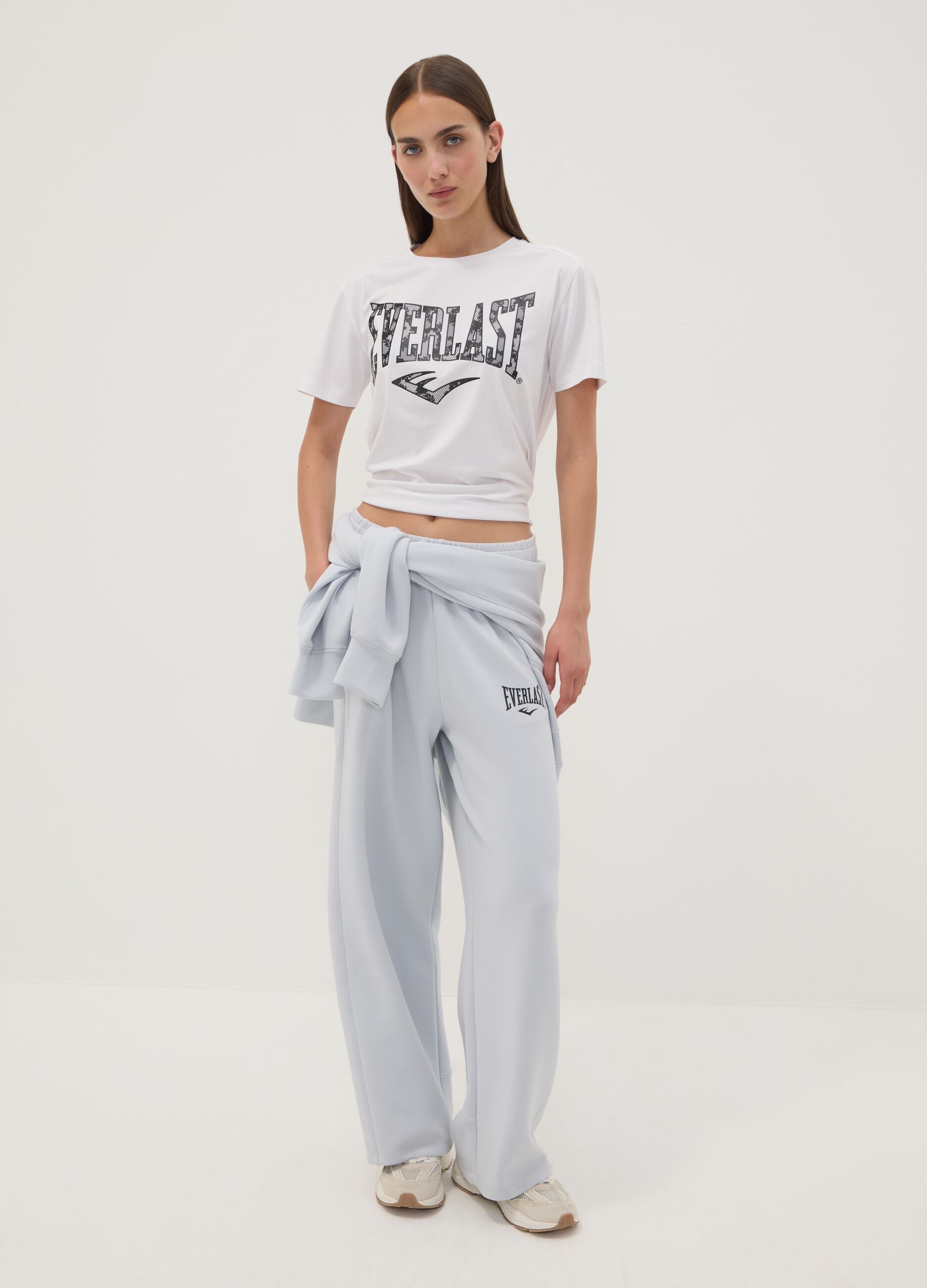 White stretch cotton jersey T-shirt with print, regular fit