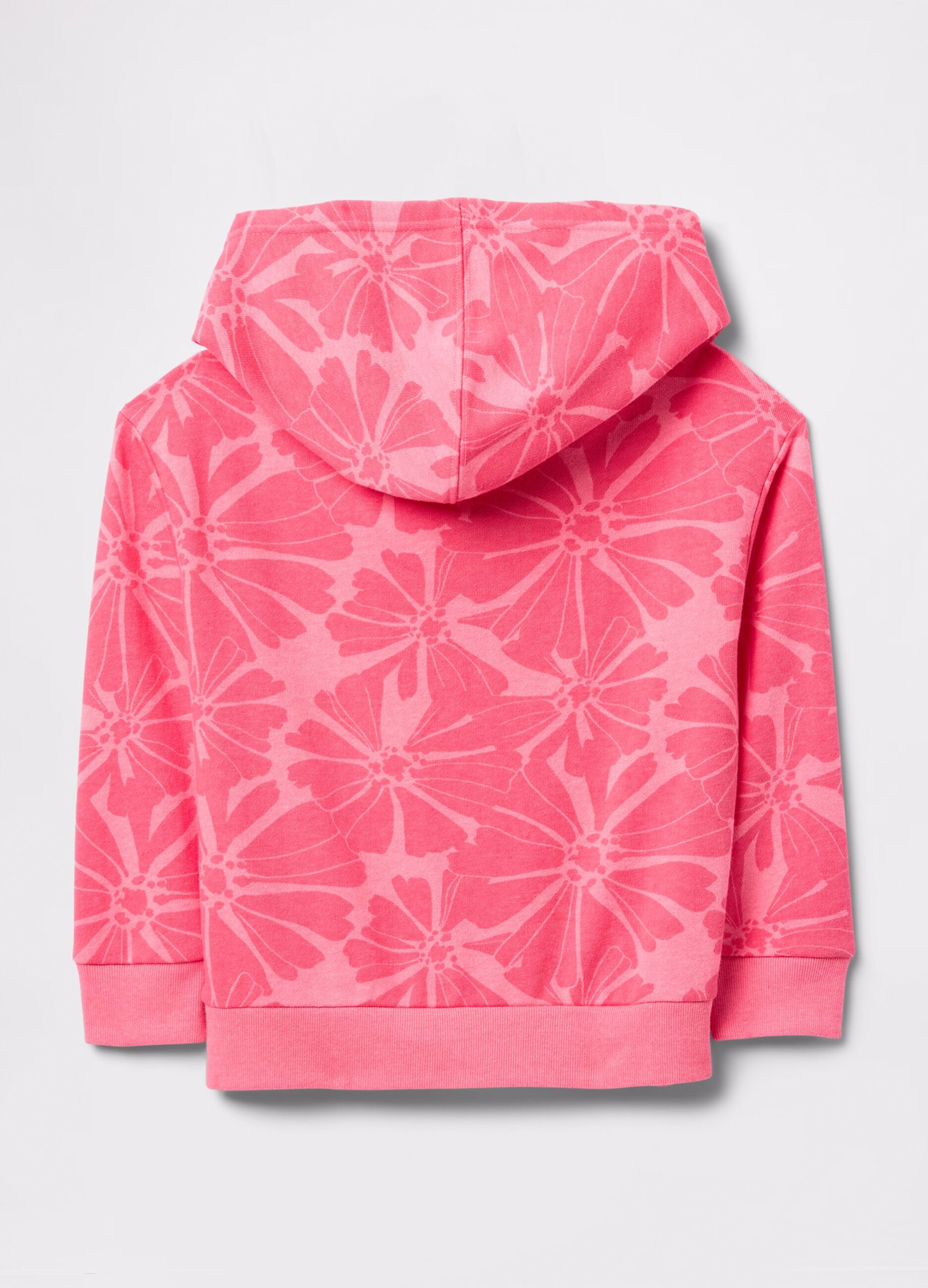 Pink sweatshirt in French terry with hood, flowers print and logo embroidery