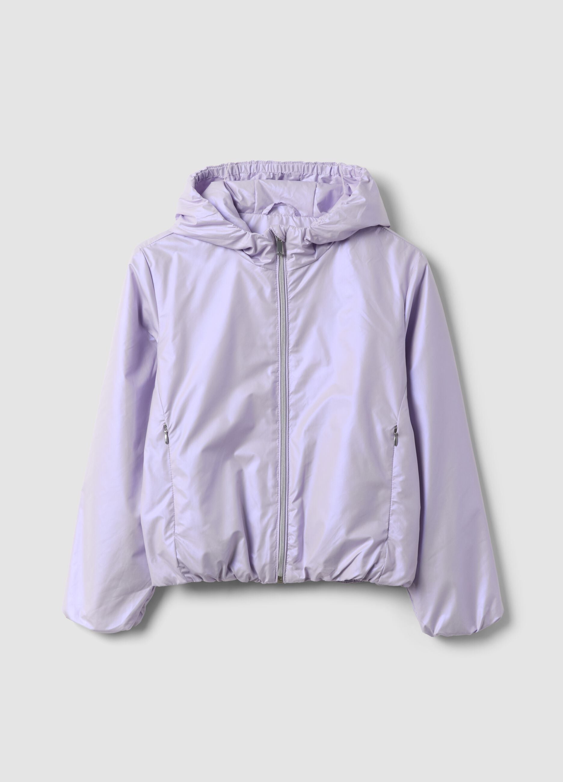 Purple hooded rain jacket with zip for girls