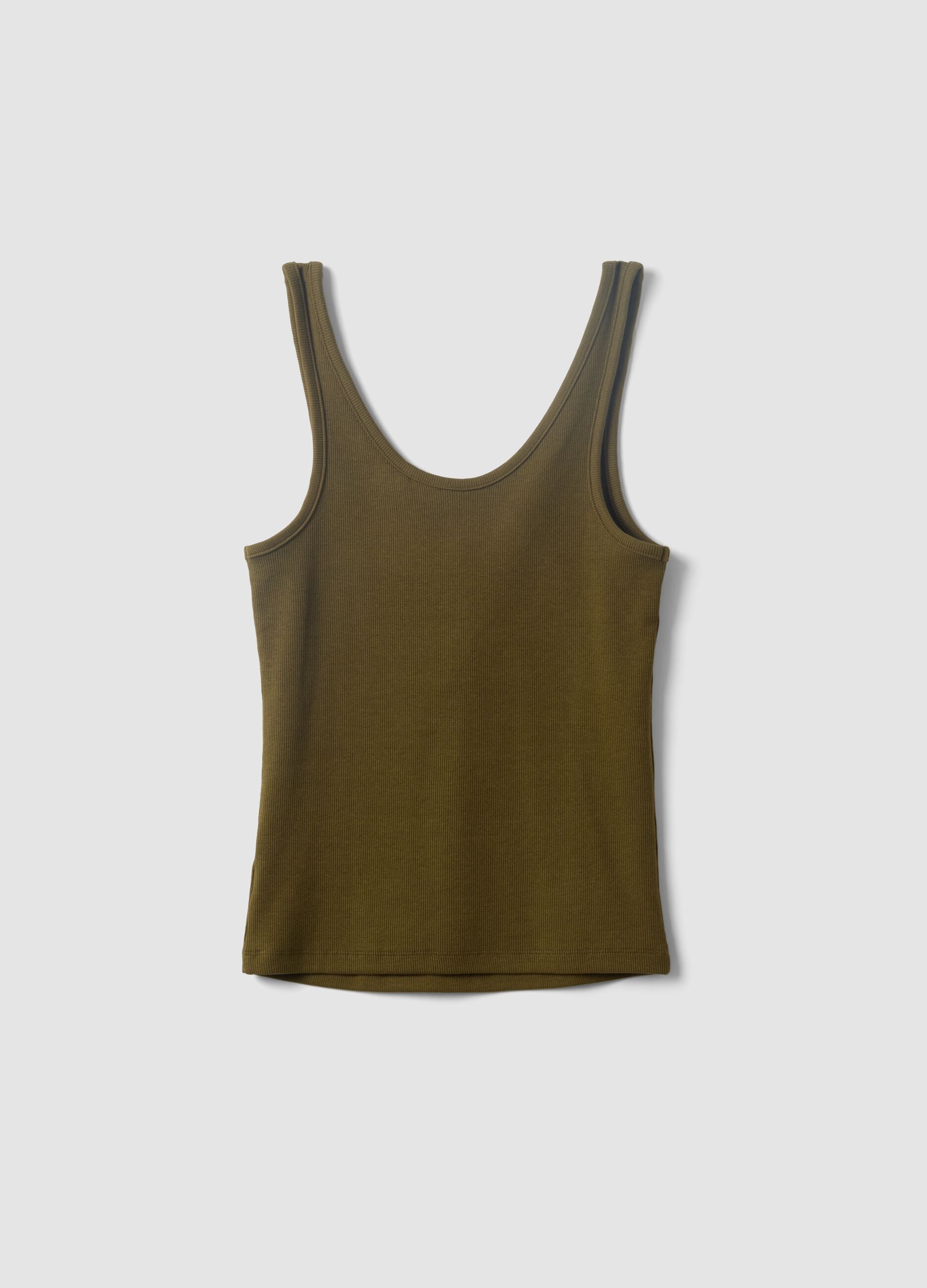Green stretch cotton tank top with buttons, regular fit