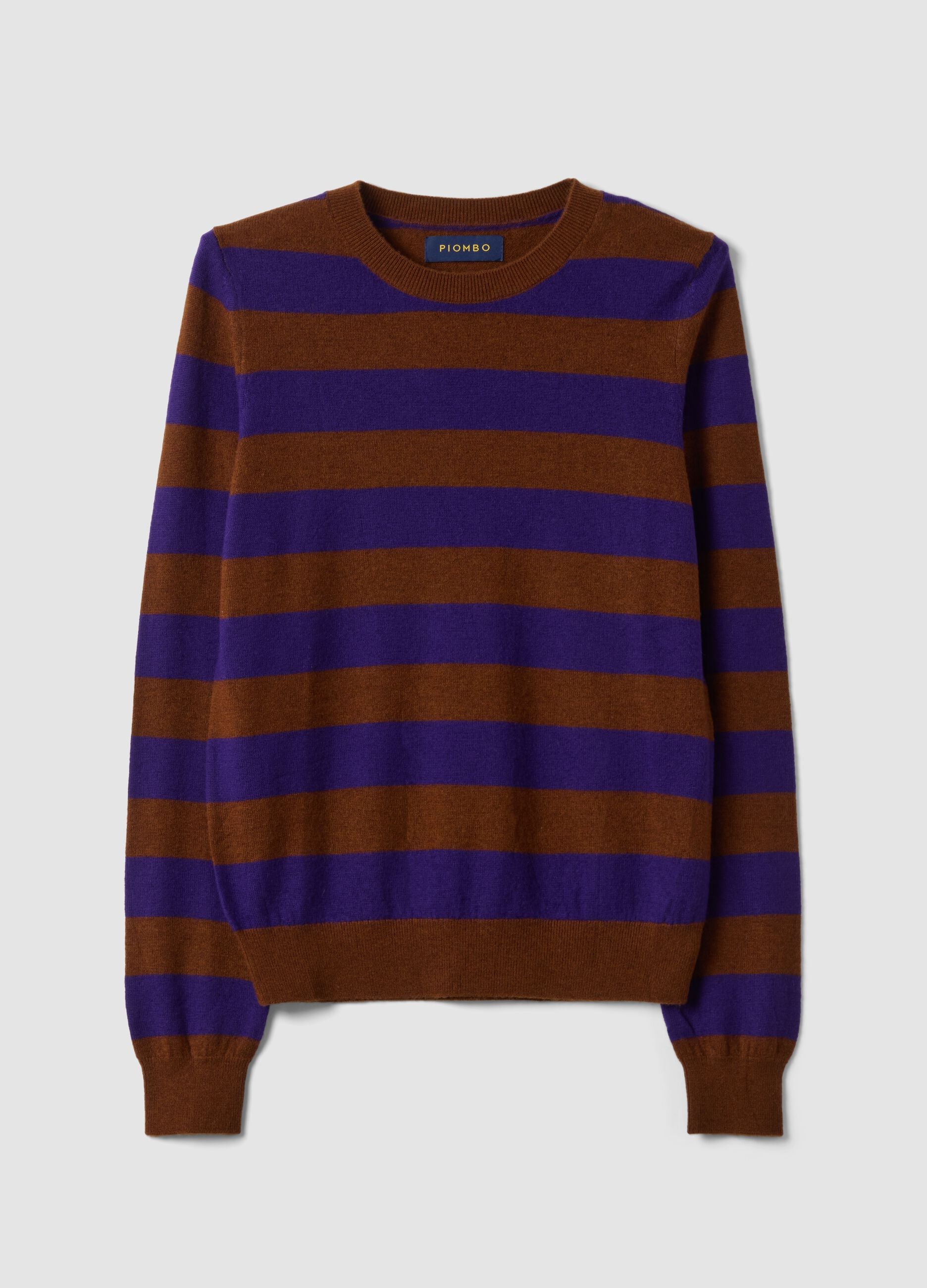 Maglia viola in pura lana a righe con girocollo
