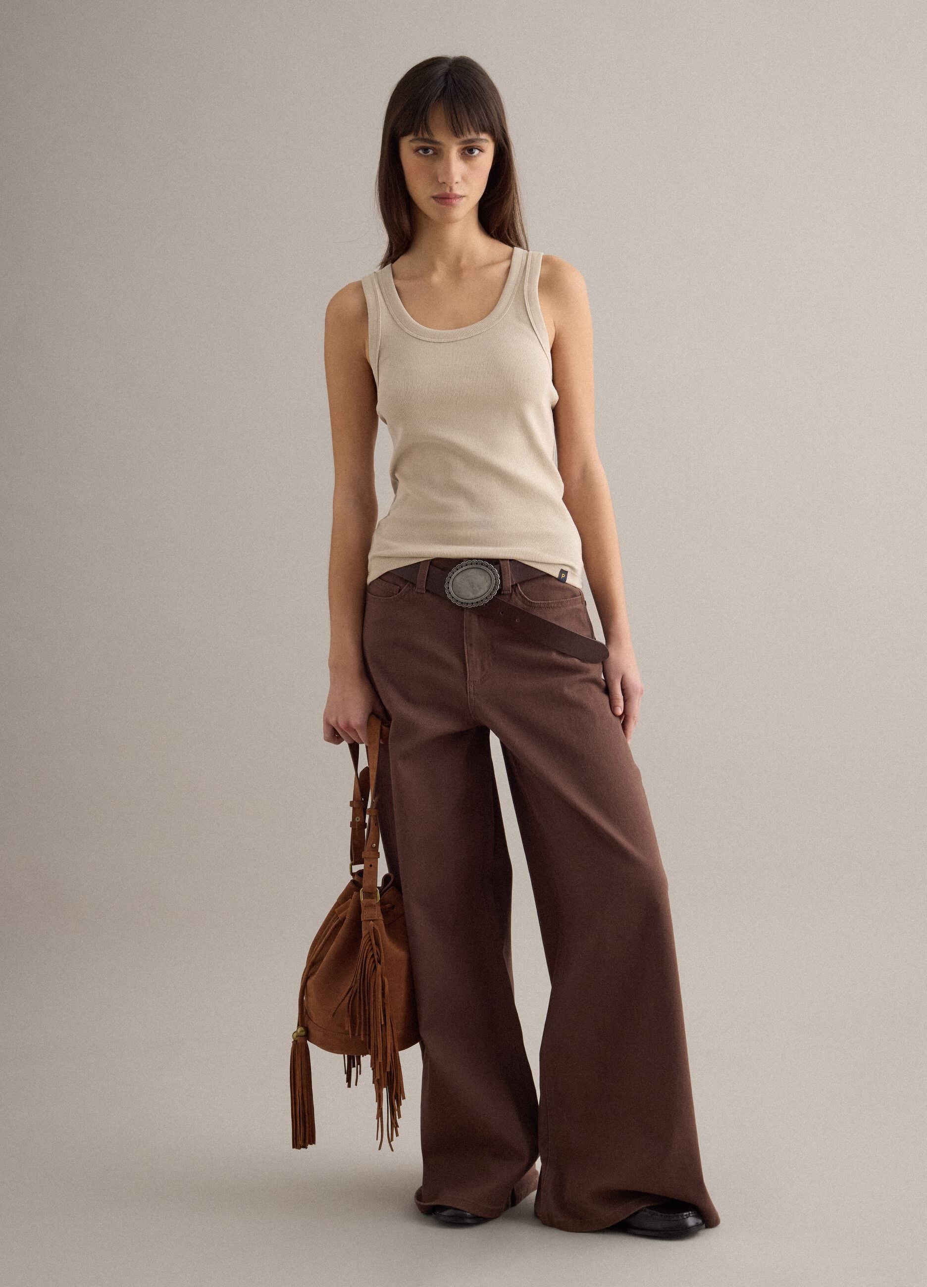 Tank top in cotone elasticizzato beige regular fit
