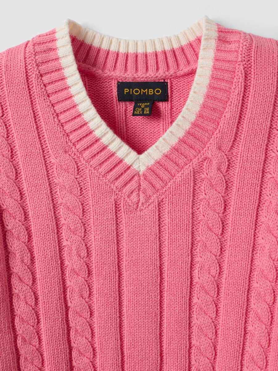 Maglia rosa in puro cotone a trecce con scollo a V per bambina_2