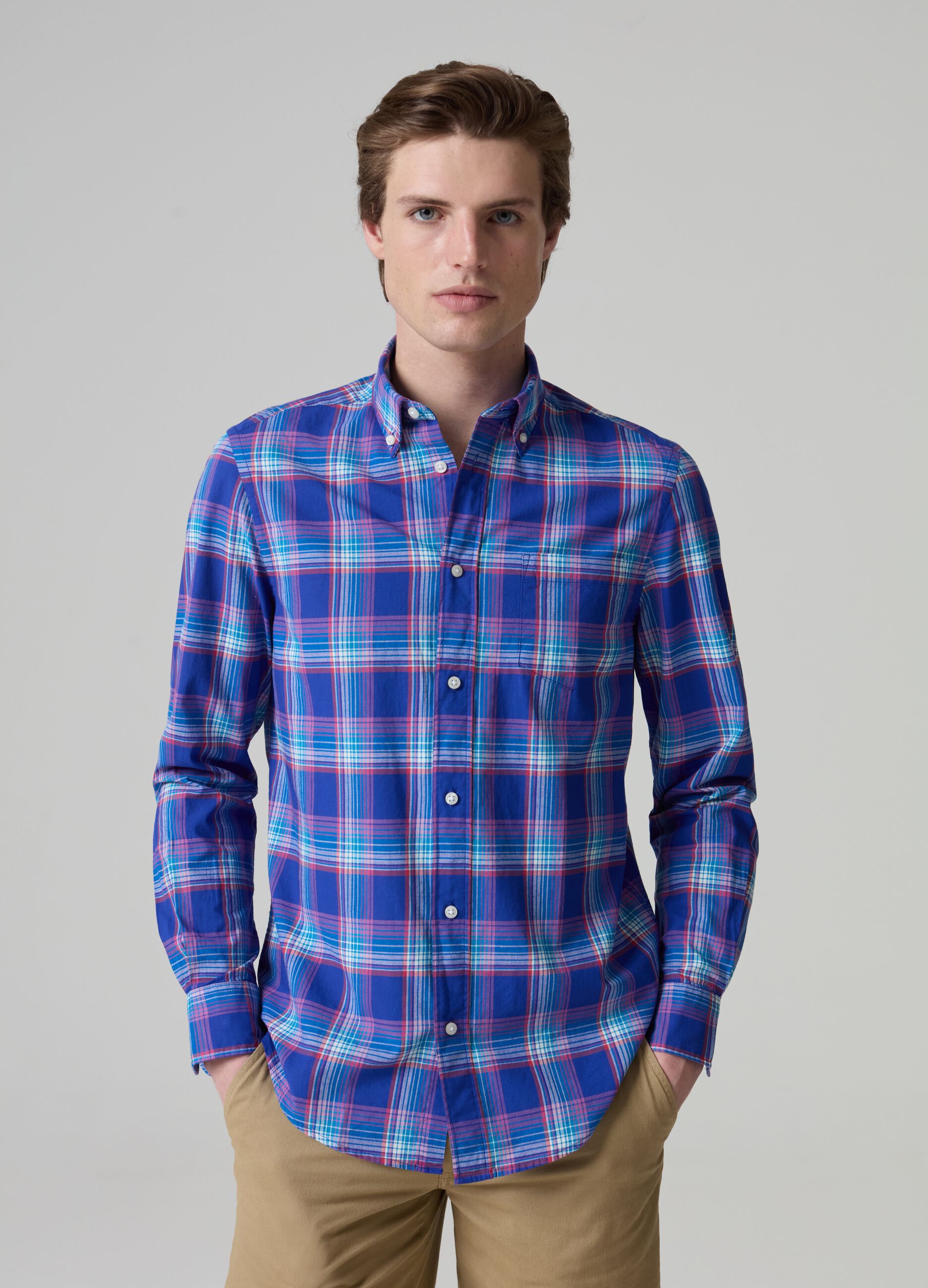 Shirt with button-down collar and check pattern