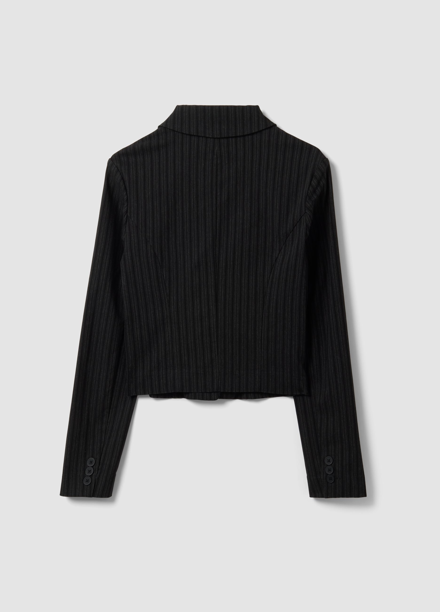 Black cropped stretch-viscose blazer with classic lapels, slim fit
