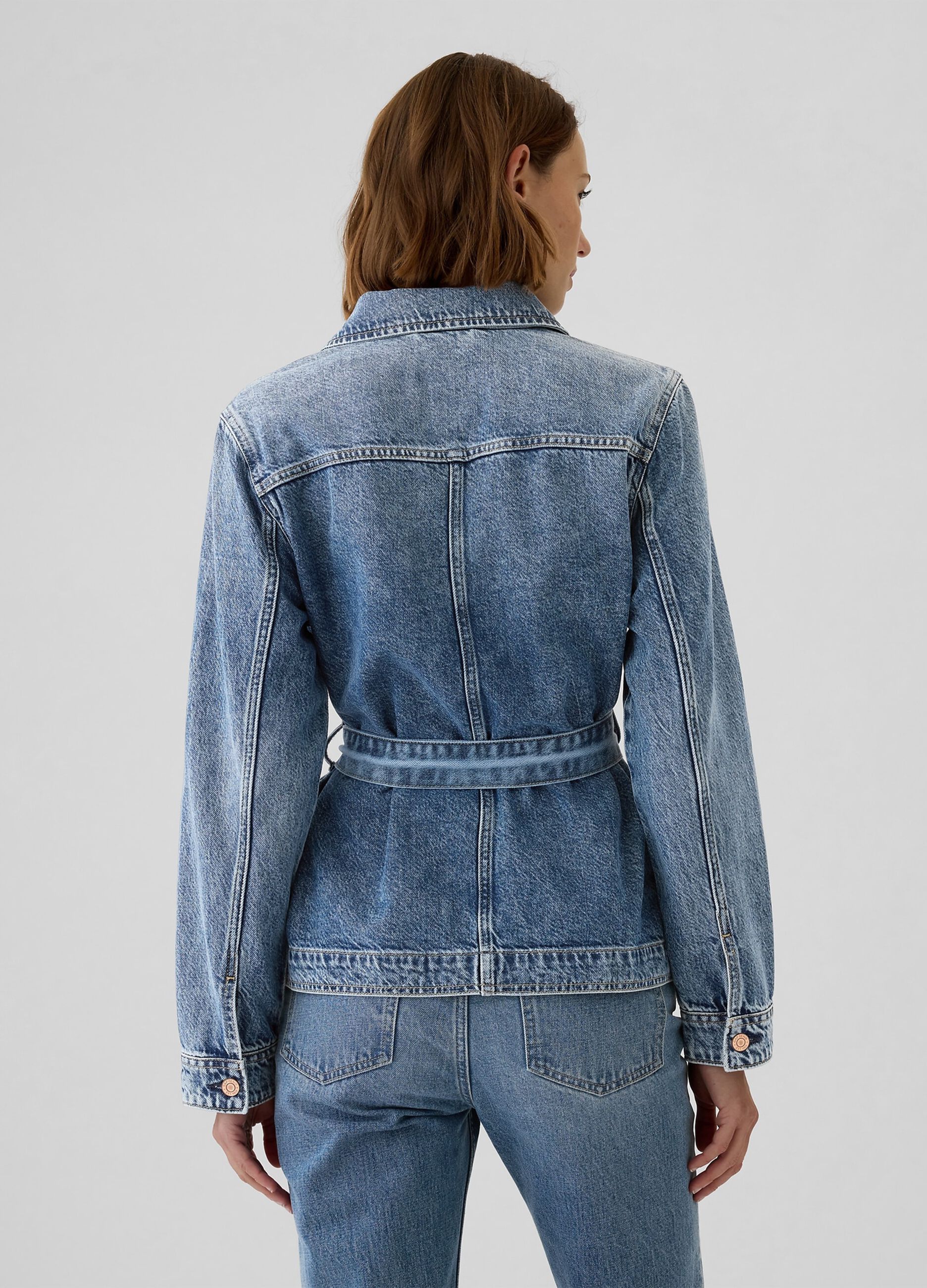 Short denim jacket with belt