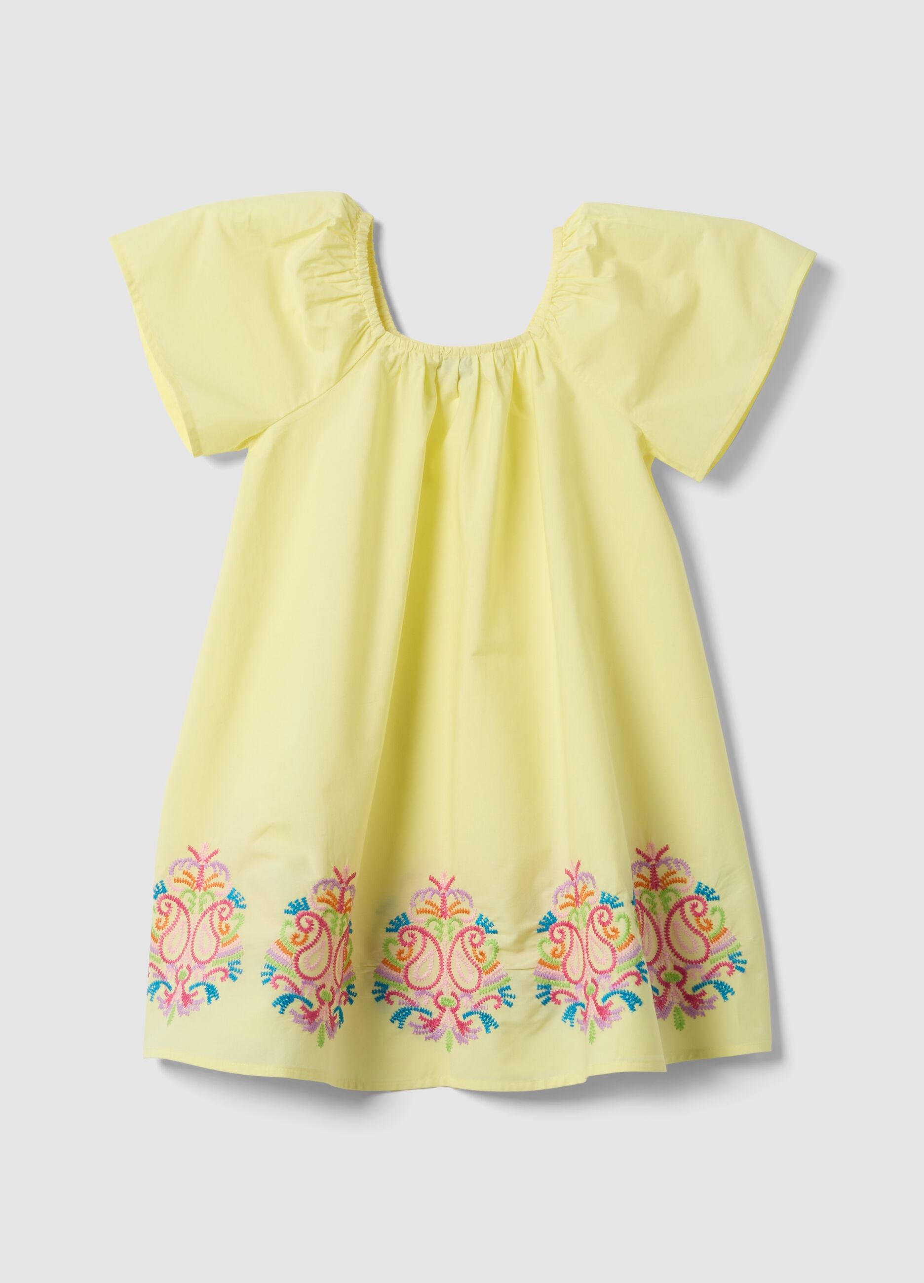 Yellow pure cotton dress with embroidery