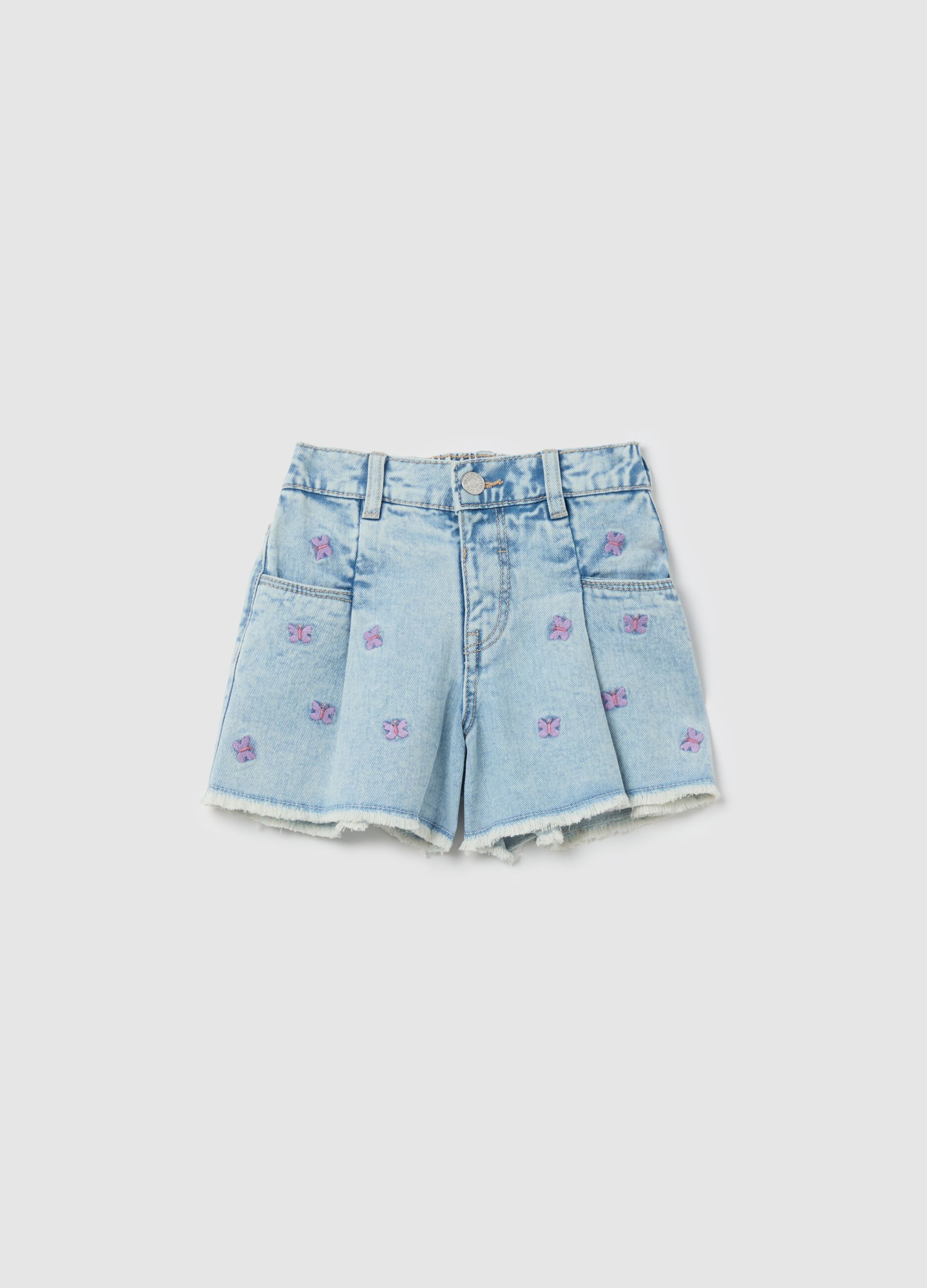 Shorts in denim con ricamo farfalle
