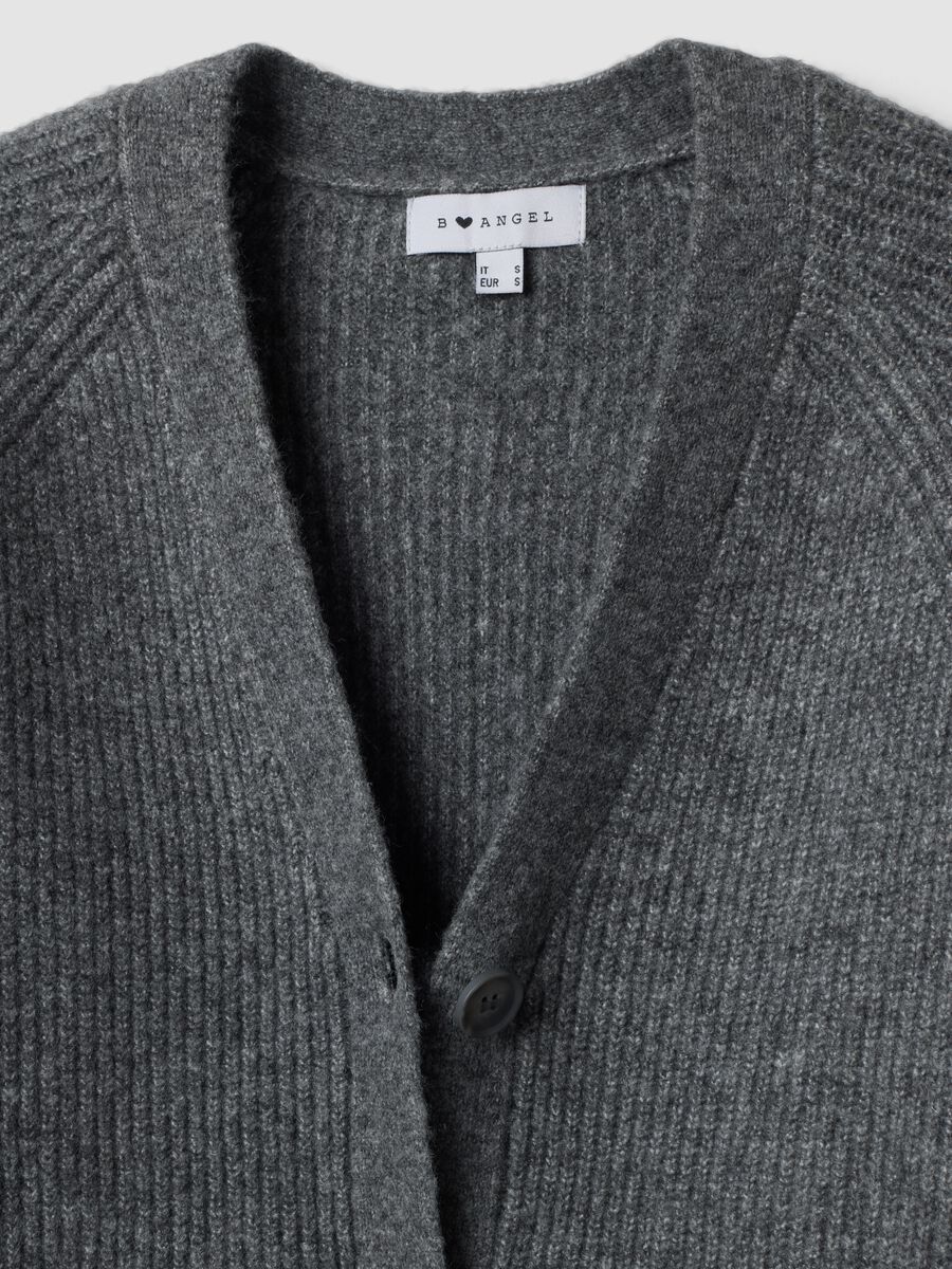 Grey stretch-wool cardigan with deep V-neck, oversized fit_1