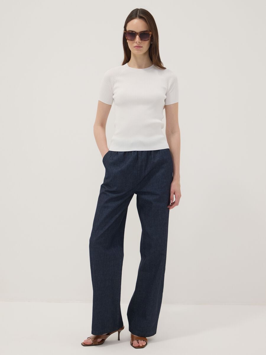 Pantaloni denim blu in puro cotone wide leg con coulisse_0