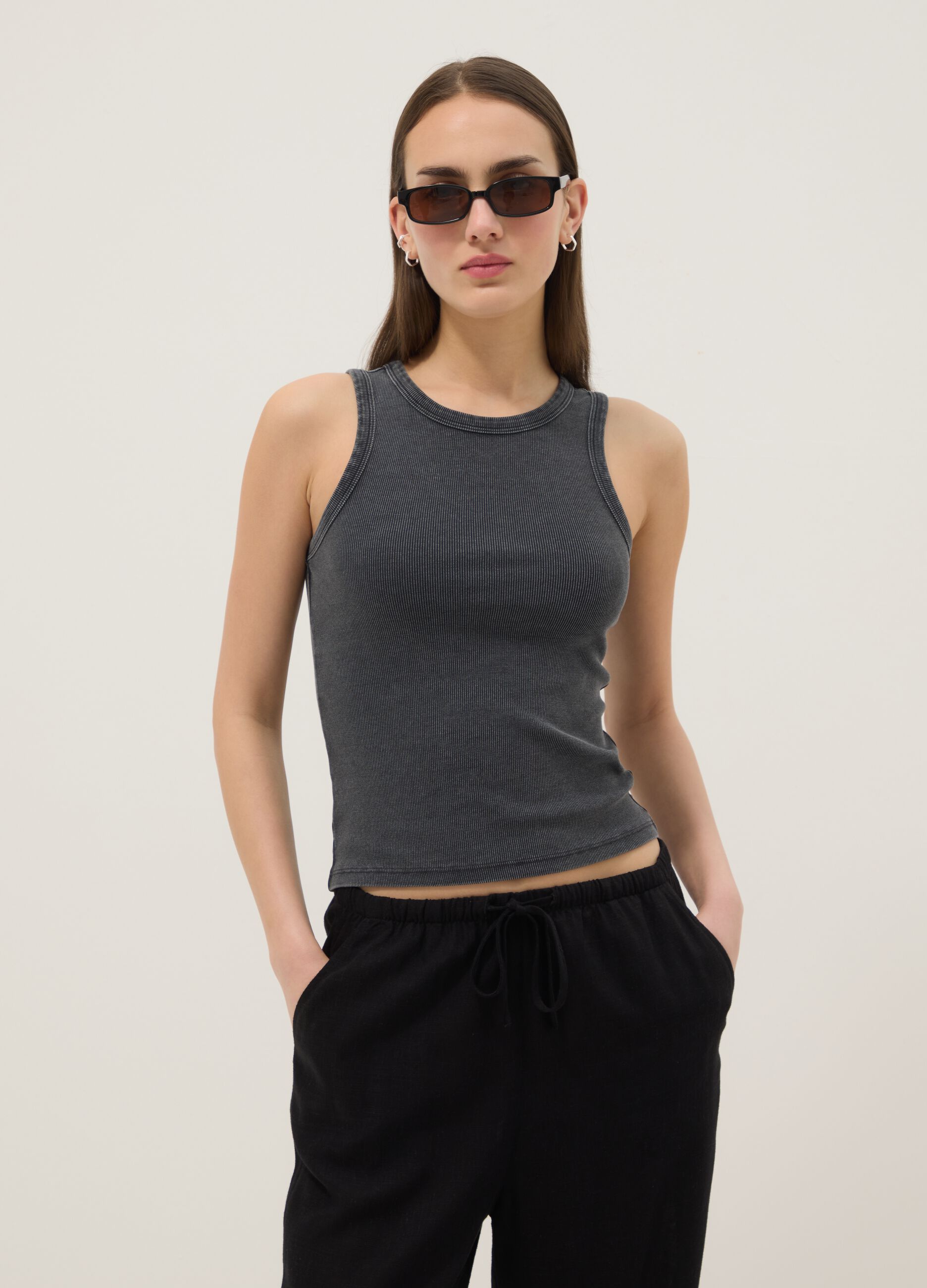 Grey ribbed stretch-cotton fitted tank top